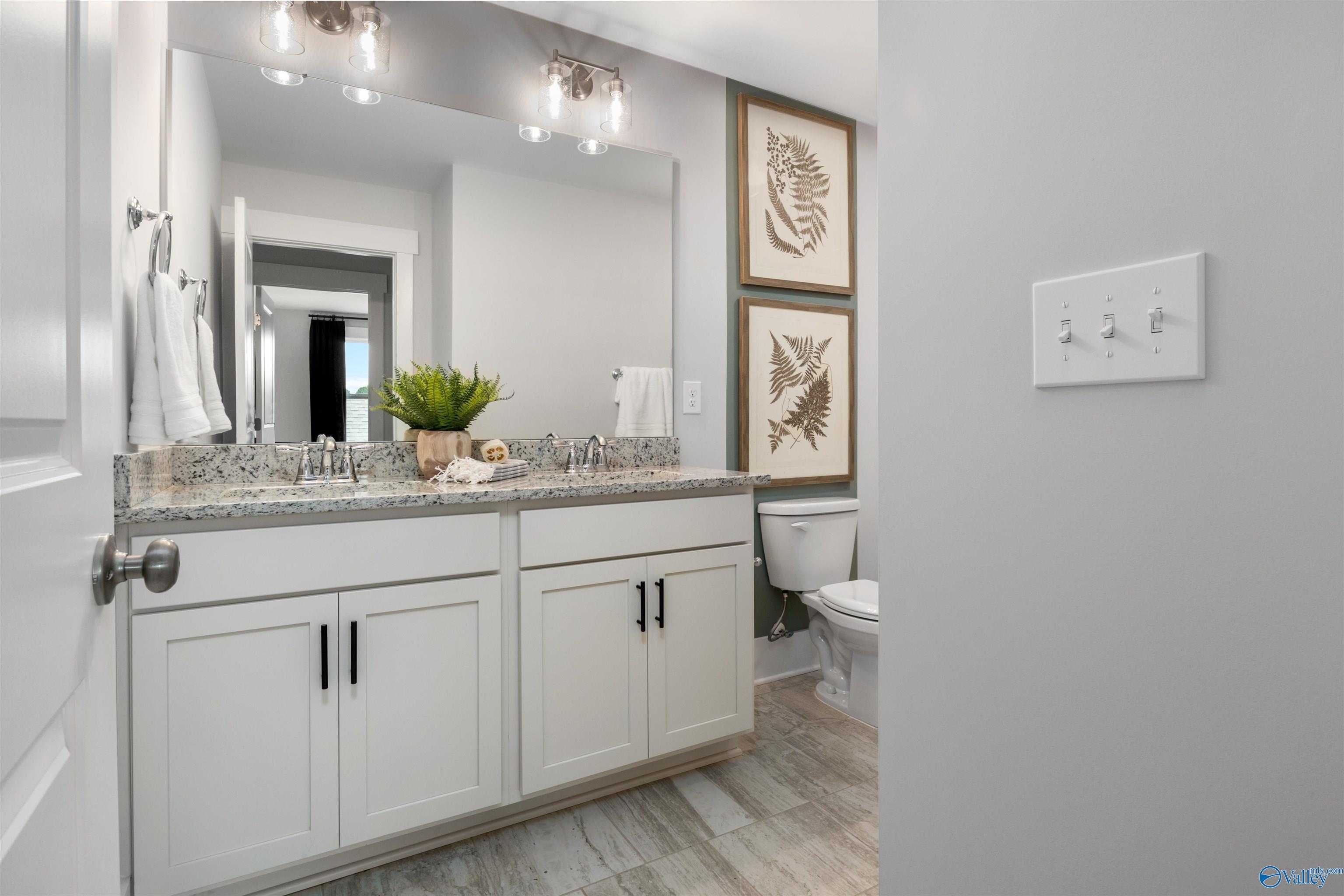 Modern master bathroom with double granite vanity, large mirror, botanical artwork, and potted plant in Davidson Homes The Covington C, Decatur, Alabama