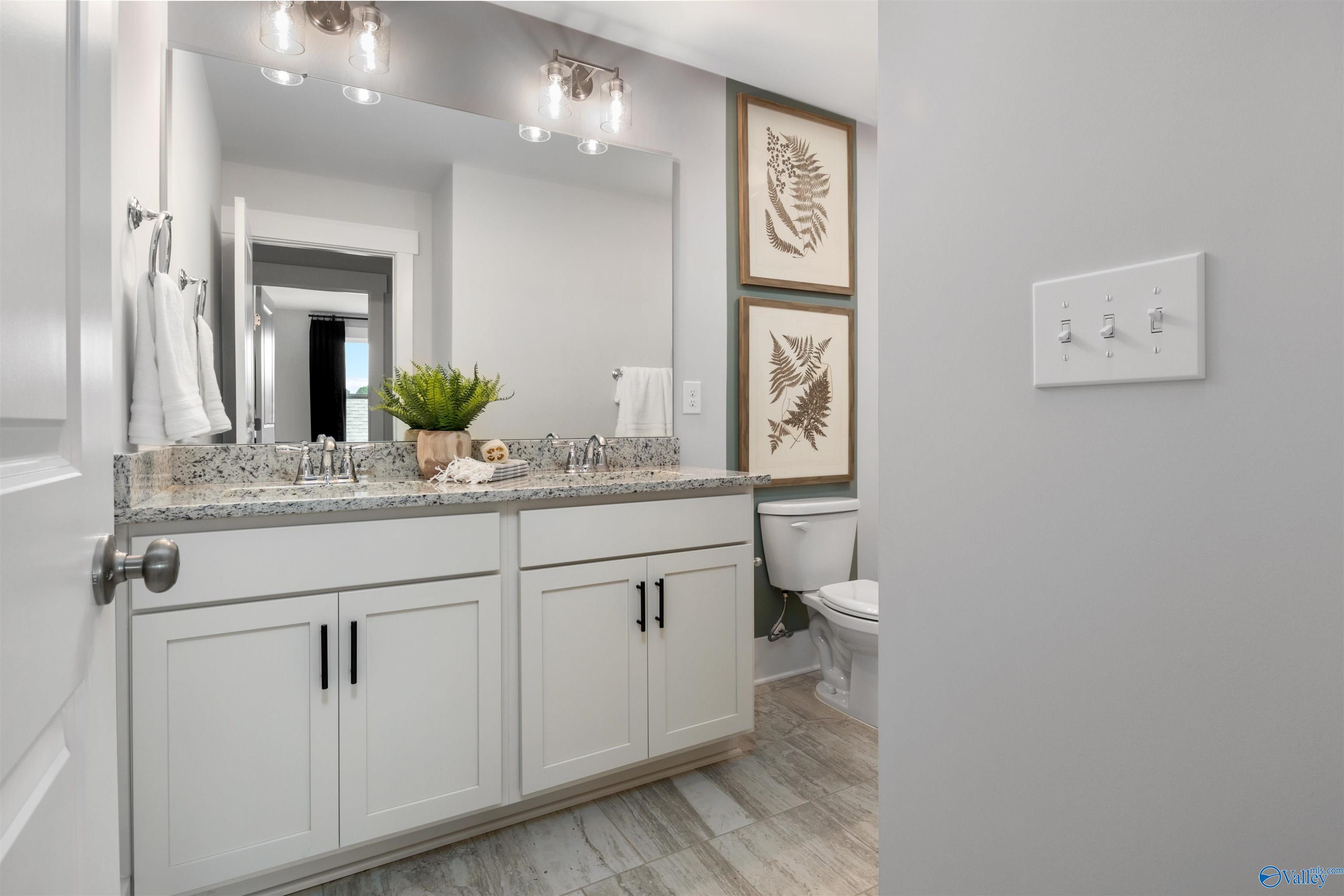 Modern master bathroom with double granite vanity, large mirror, botanical artwork, and potted plant in Davidson Homes The Covington C, Decatur, Alabama