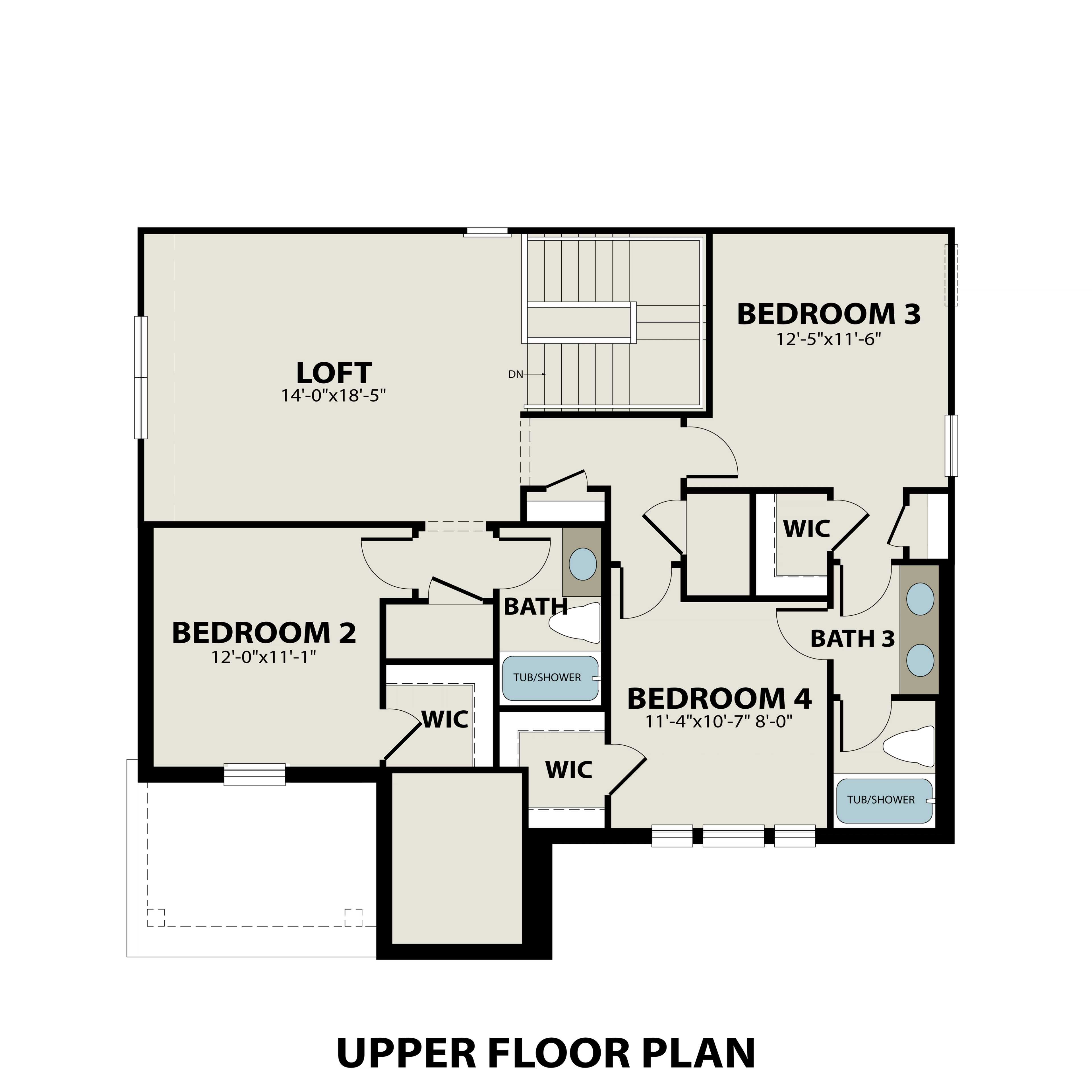 Second floor plan of The Sequoia showcasing loft, bedrooms 2-4, baths, and walk-in closets in Royse City home