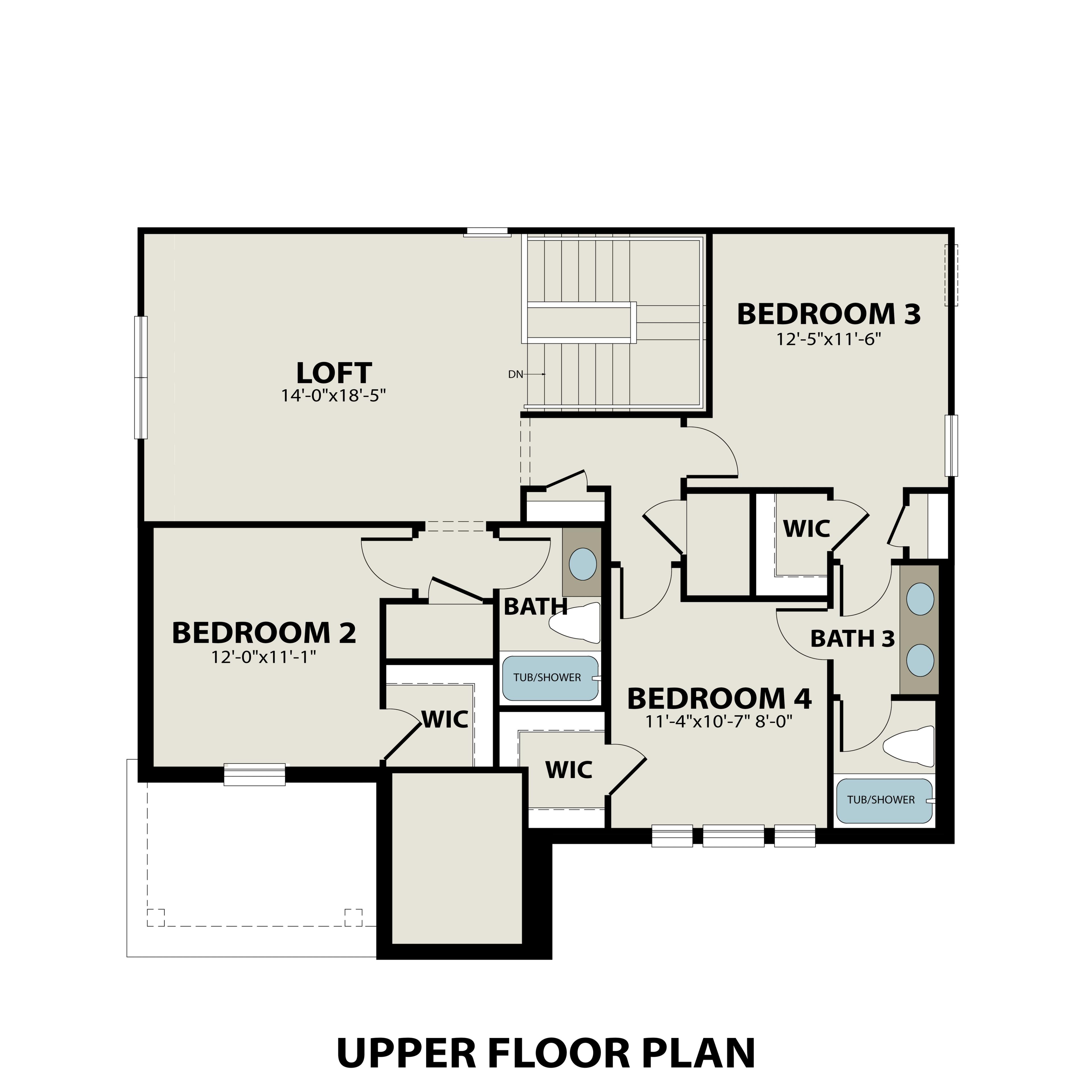 Second floor plan of The Sequoia showcasing loft, bedrooms 2-4, baths, and walk-in closets in Royse City home