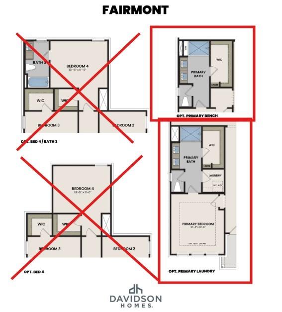 Fairmont C floor plan options by Davidson Homes showing primary suite layouts in Bradshaw Farms, Mt. Juliet, Tennessee new home community
