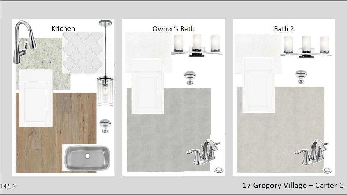 Design board showcasing kitchen faucet, subway tiles, pendant lights; owner's bath vanity, sconces; bath 2 fixtures in Davidson Homes Carter C, Gregory Village Lillington NC