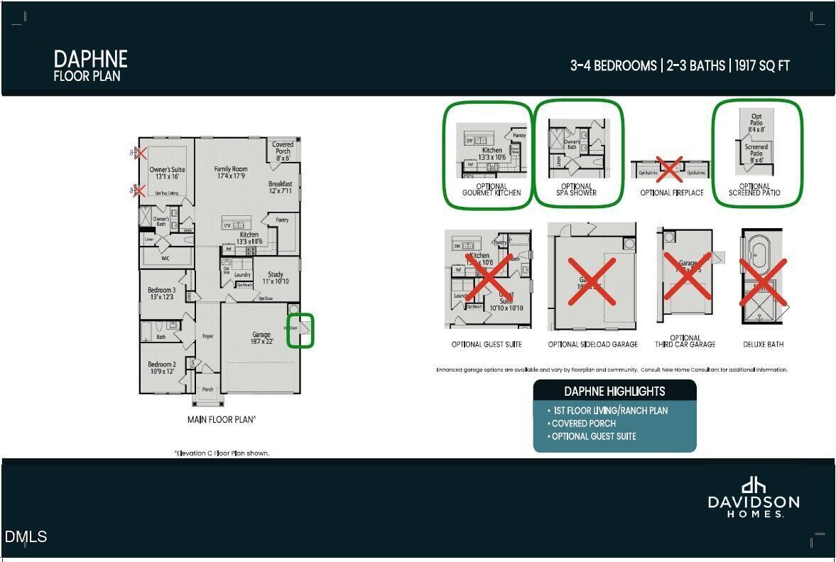 Daphne C floor plan: 3-bed, 2-bath, 1,917 sq ft single-story layout with 2-car garage in Wellers Knoll, Lillington, NC
