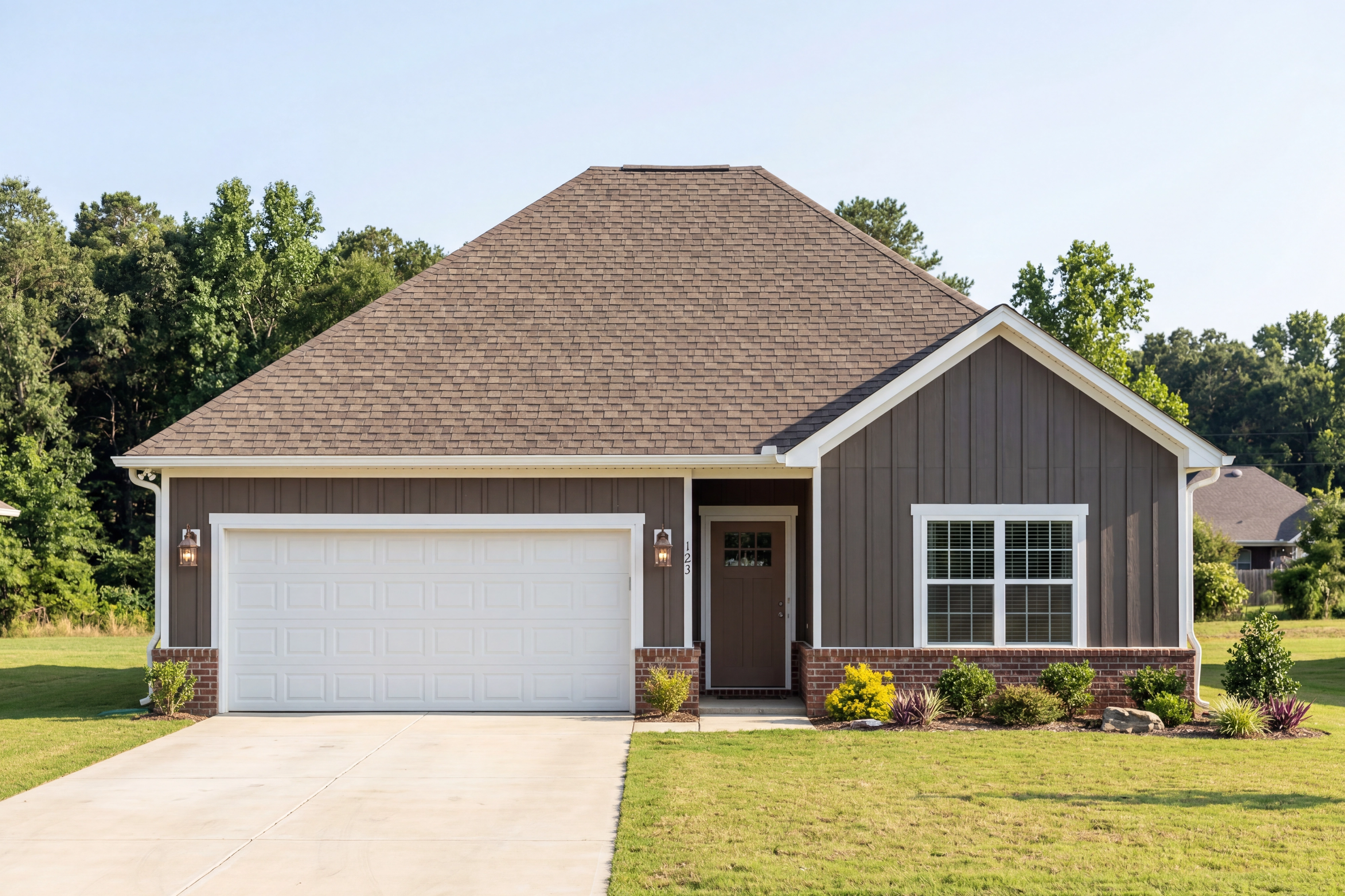 The Asheville D by Davidson Homes featuring a 1-story single-family home design with 2-car garage and brick exterior.