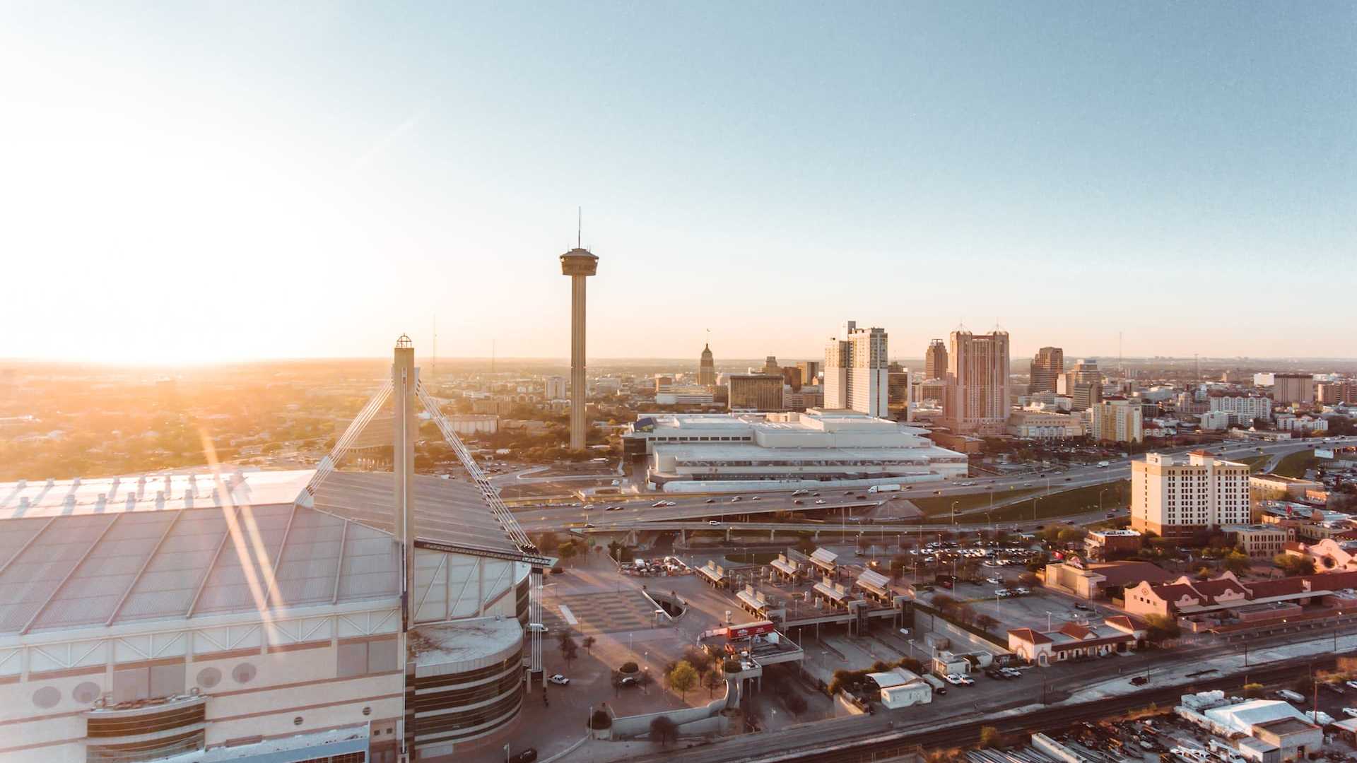 Panoramic sunset skyline of San Antonio Region with Alamodome and Tower of the Americas