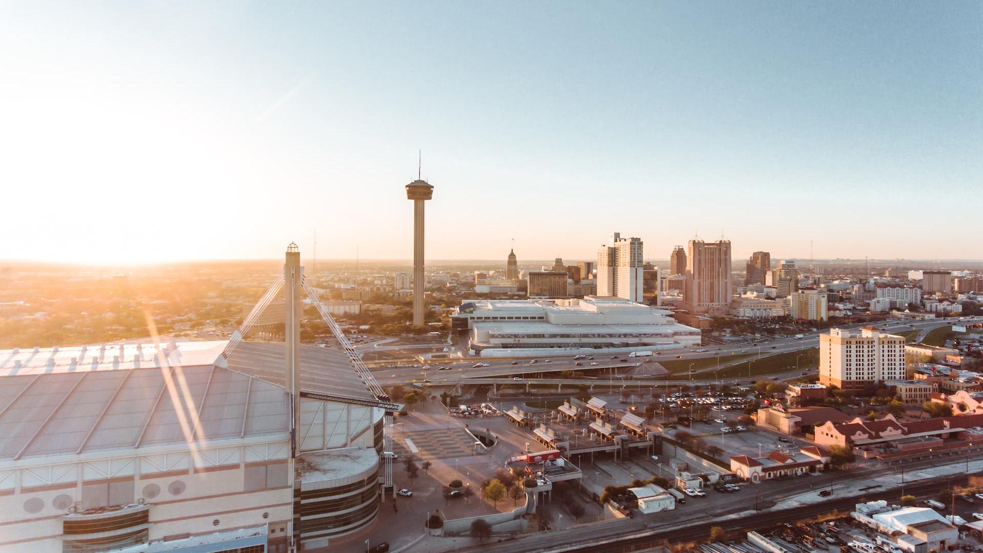 Panoramic sunset skyline of San Antonio Region with Alamodome and Tower of the Americas