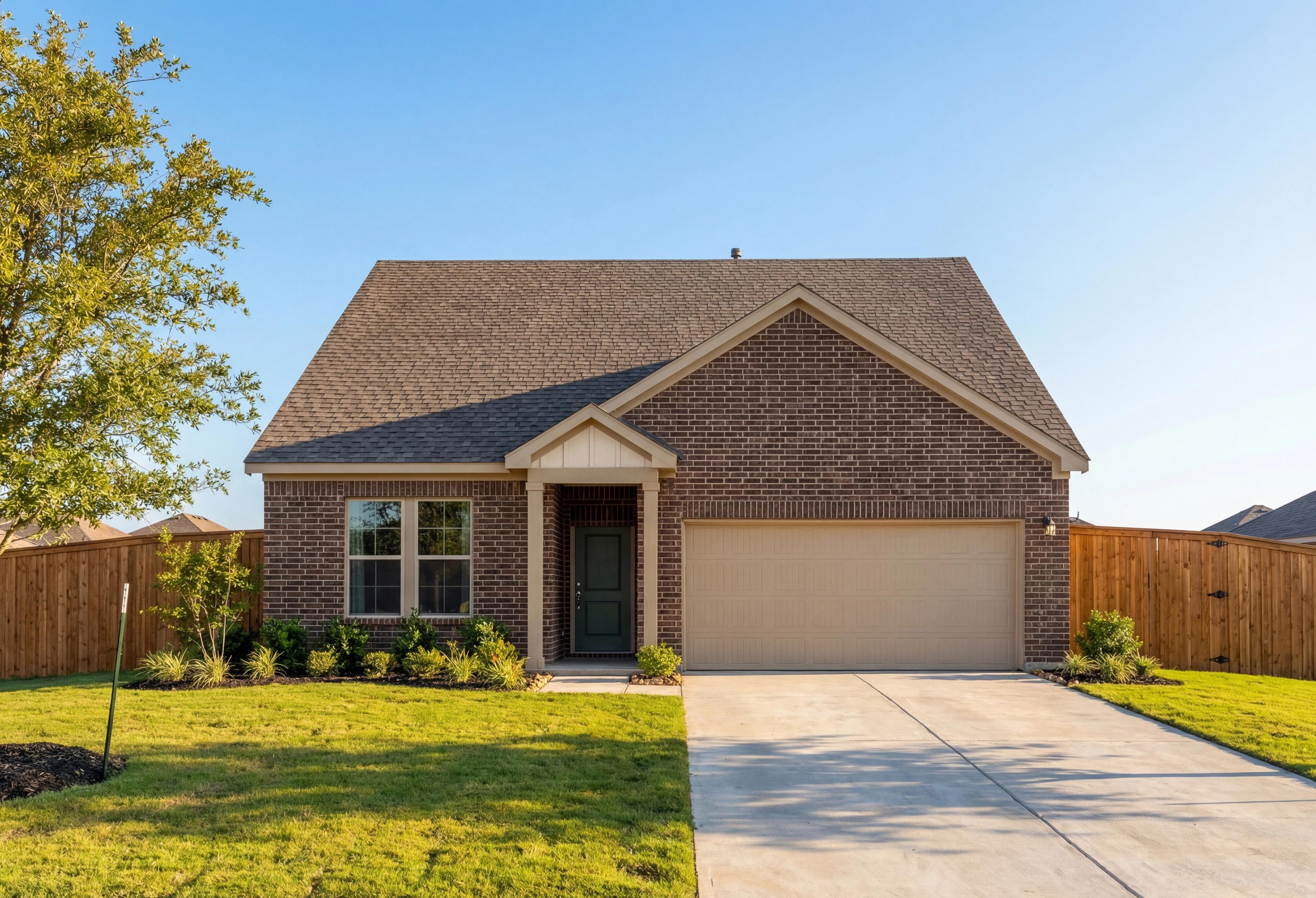 Modern brick facade of The Glen A 3-bedroom single-story home with 2-car garage and fenced yard in Josephine Texas
