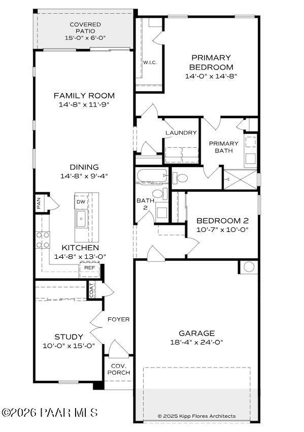 The Coronado A floor plan: 2-bed, 2-bath 1,434 sq ft single-story home with open kitchen, family room, 2-car garage in Prescott, AZ