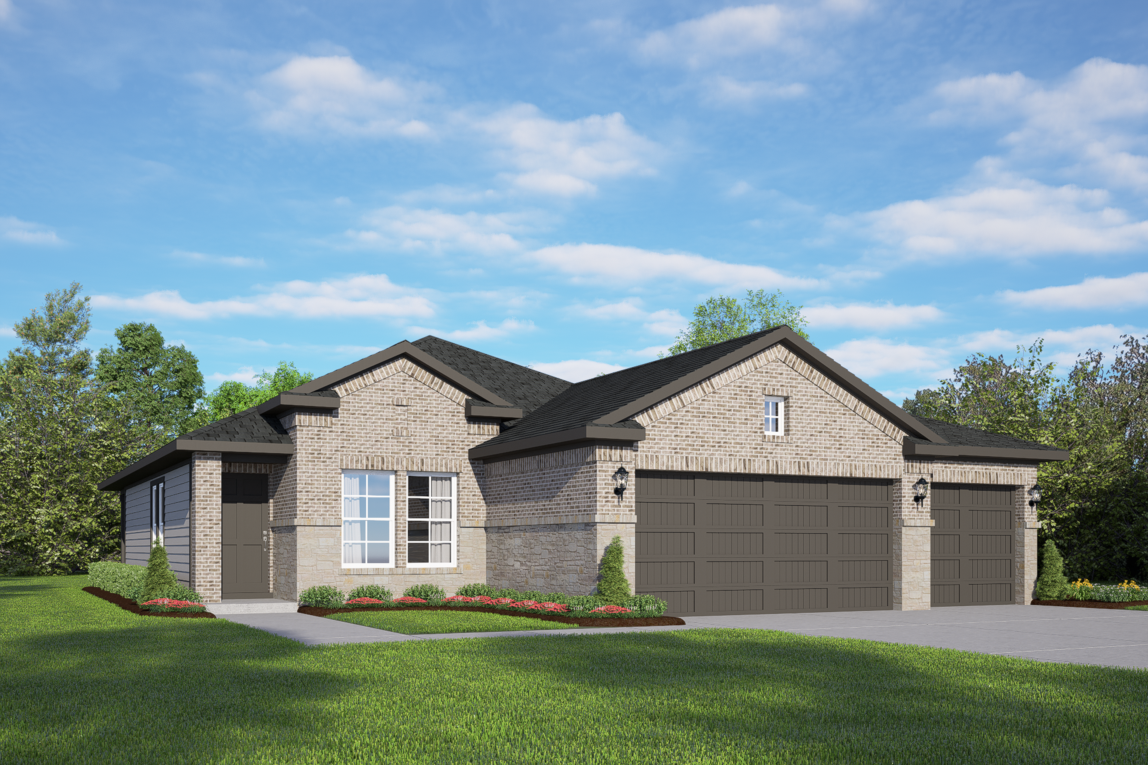 Modern brick single-story elevation of The Costa B with 3-car garage, large windows, and landscaped yard in Dayton, TX
