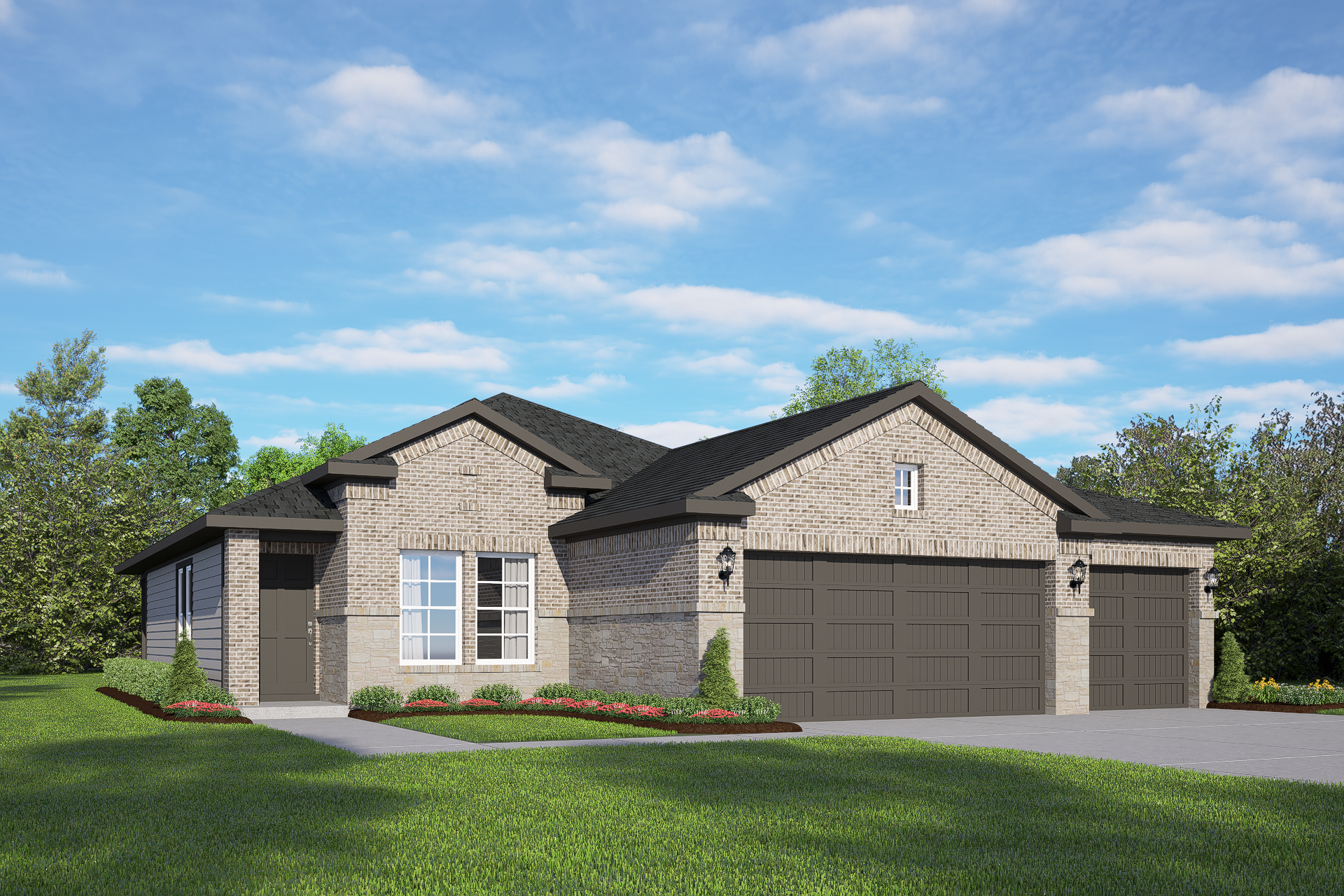 Modern brick single-story elevation of The Costa B with 3-car garage, large windows, and landscaped yard in Dayton, TX