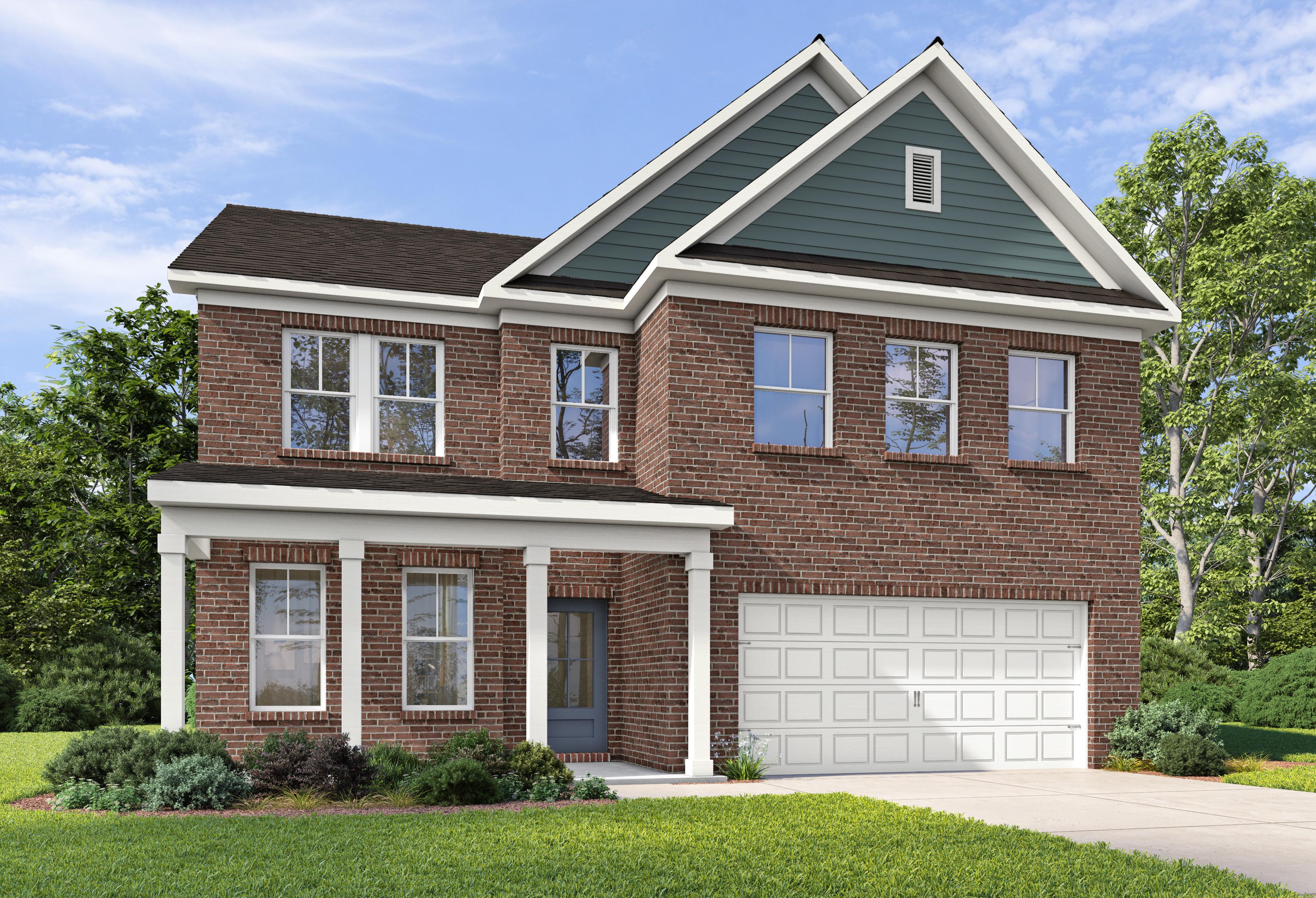 Two-story Aspen home design by Davidson Homes featuring a brick and vinyl exterior with a spacious two-car garage.