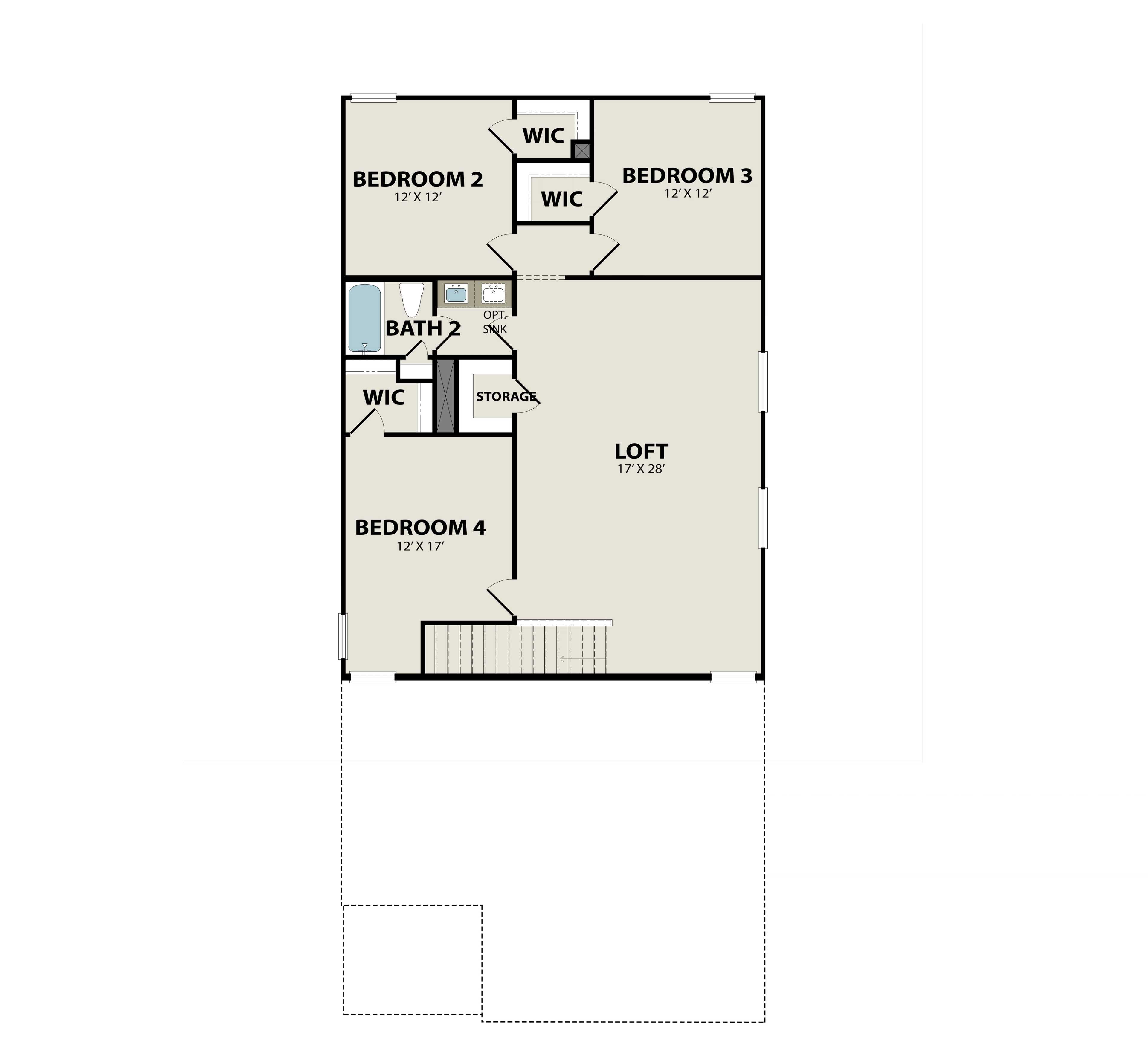 Second floor layout of The Rio Grande home design featuring bedrooms 2-4, loft, bath 2, and walk-in closets