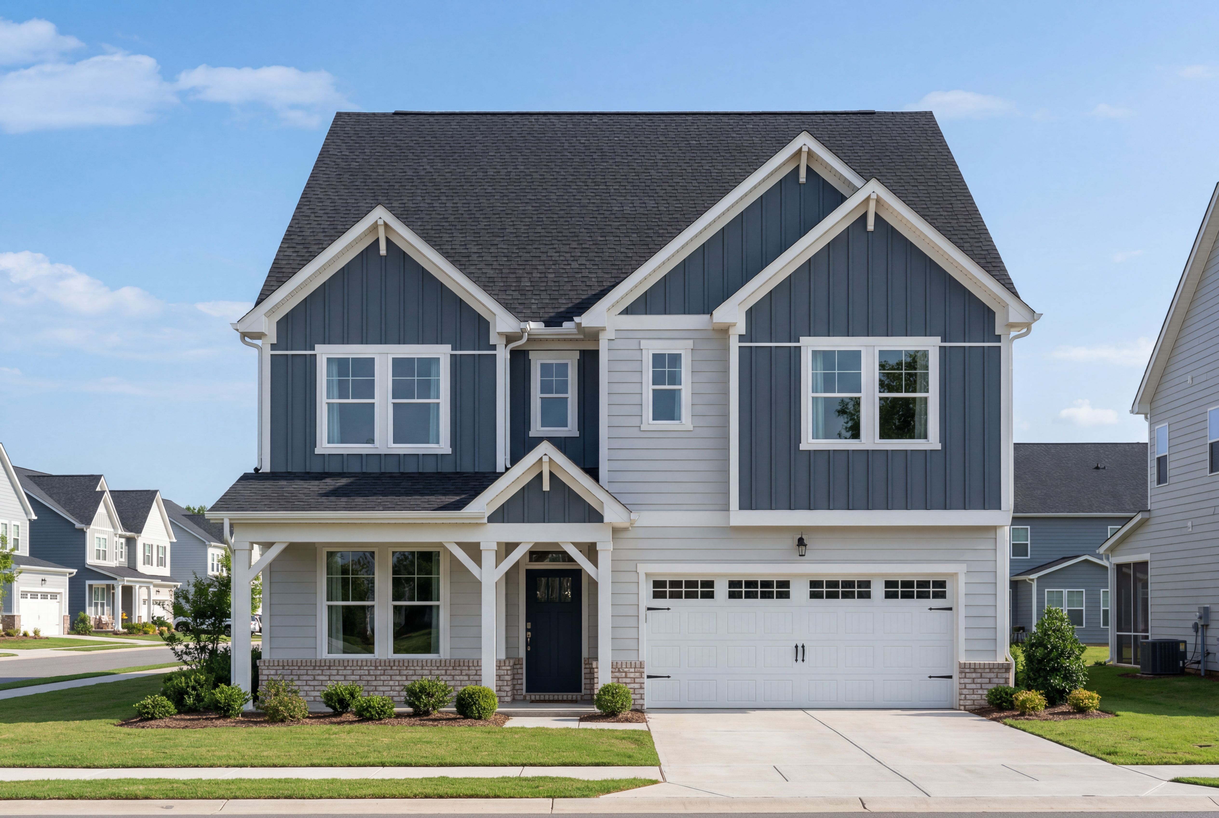 Two-story Beech B home in Holly Springs NC with navy blue vinyl siding, brick accents, gabled roof, covered porch, and two-car garage