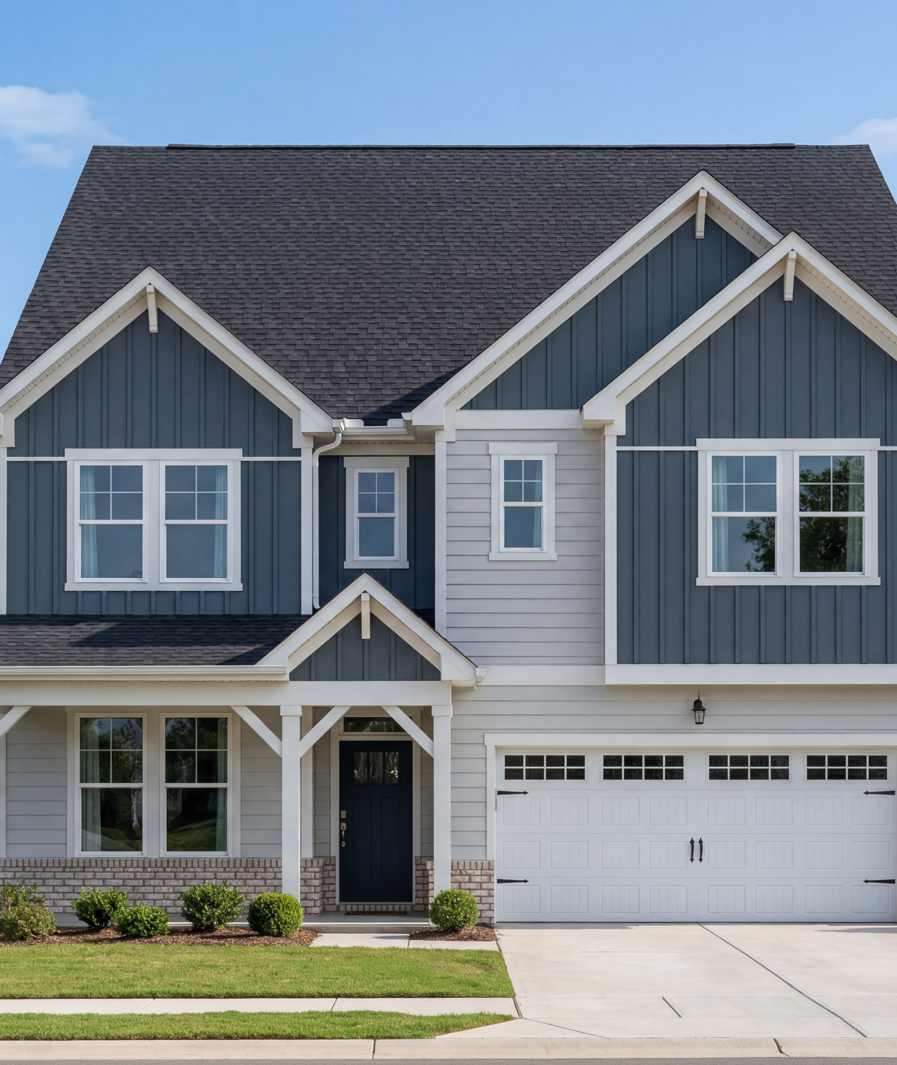 Two-story brick and siding home at Windgate in Mooresville, NC, built by Davidson Homes with a covered front porch.