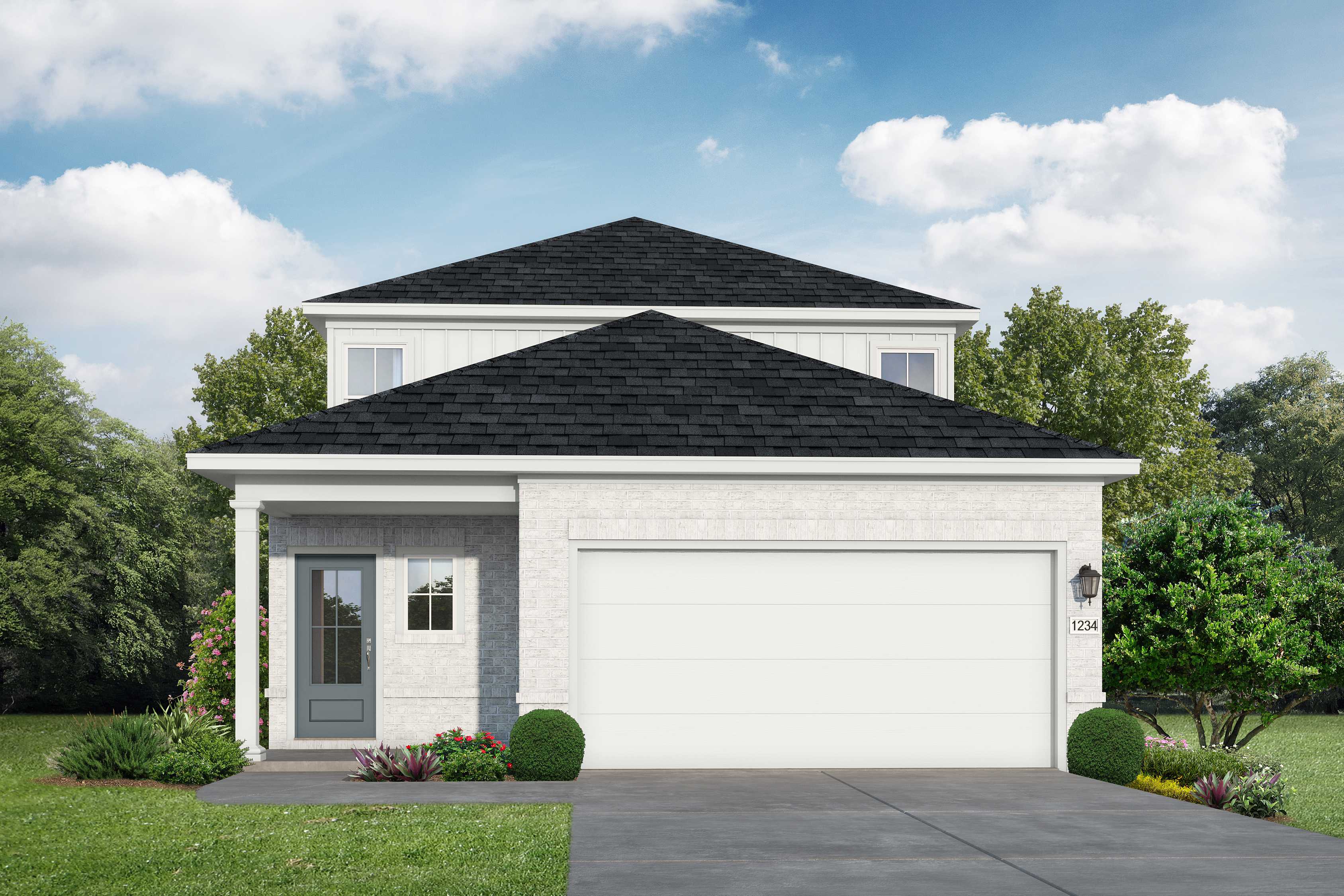 Two-story The Rio Grande home elevation featuring white brick siding, black gabled roof, covered porch, three-car garage, and lush landscaping in Magnolia Texas