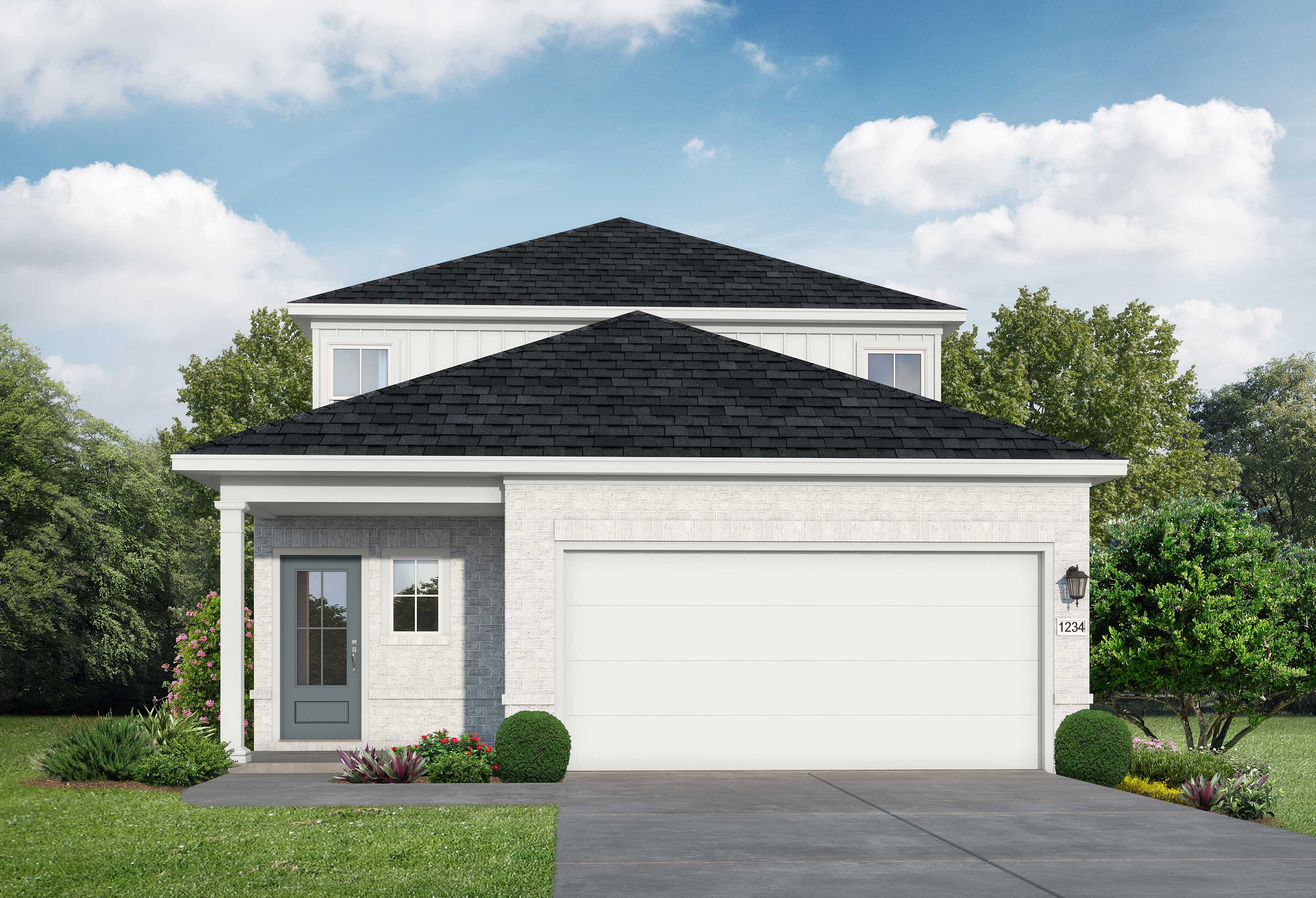 Two-story The Rio Grande home elevation featuring white brick siding, black gabled roof, covered porch, three-car garage, and lush landscaping in Magnolia Texas