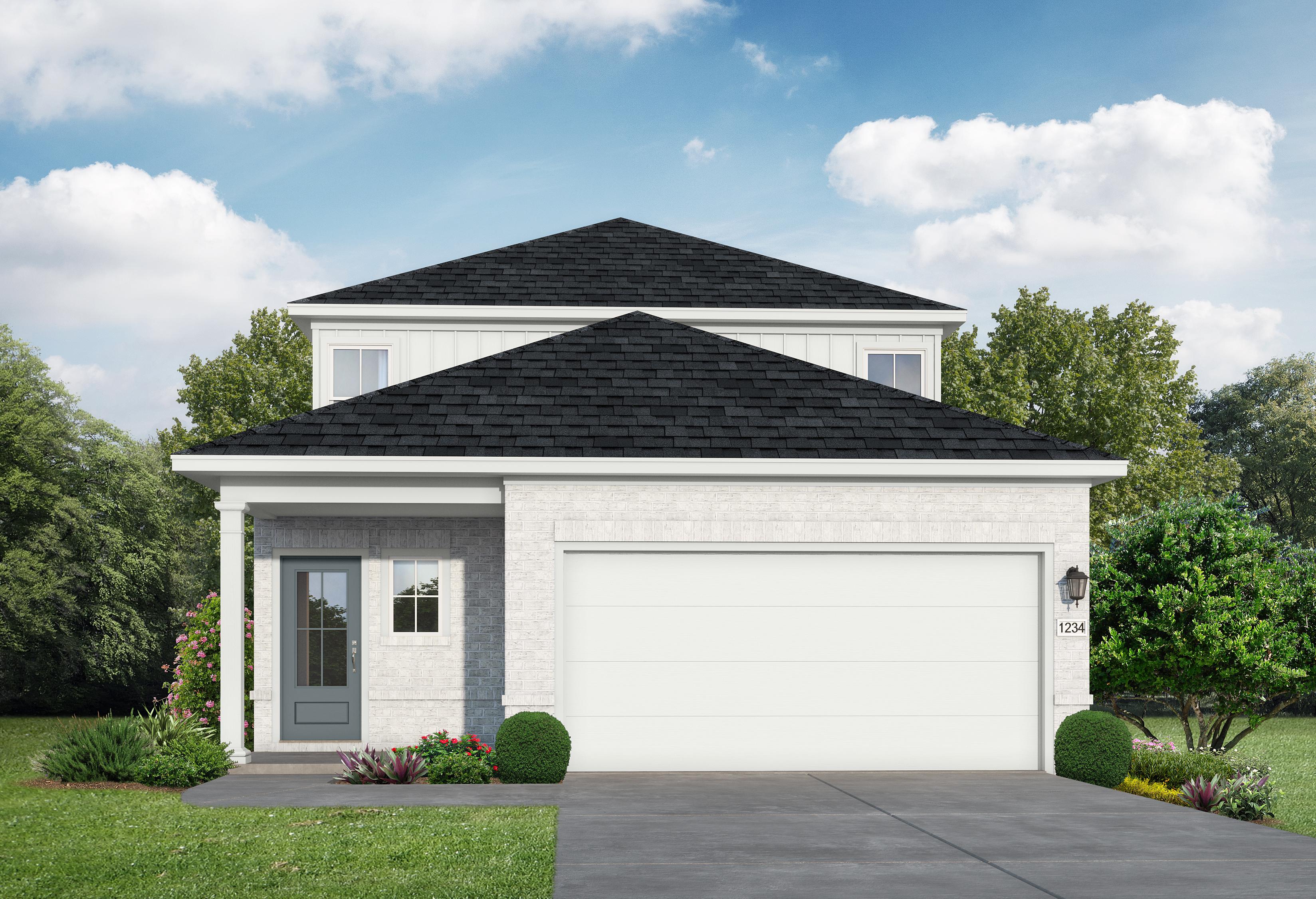 Two-story The Rio Grande home elevation featuring white brick siding, black gabled roof, covered porch, three-car garage, and lush landscaping in Magnolia Texas