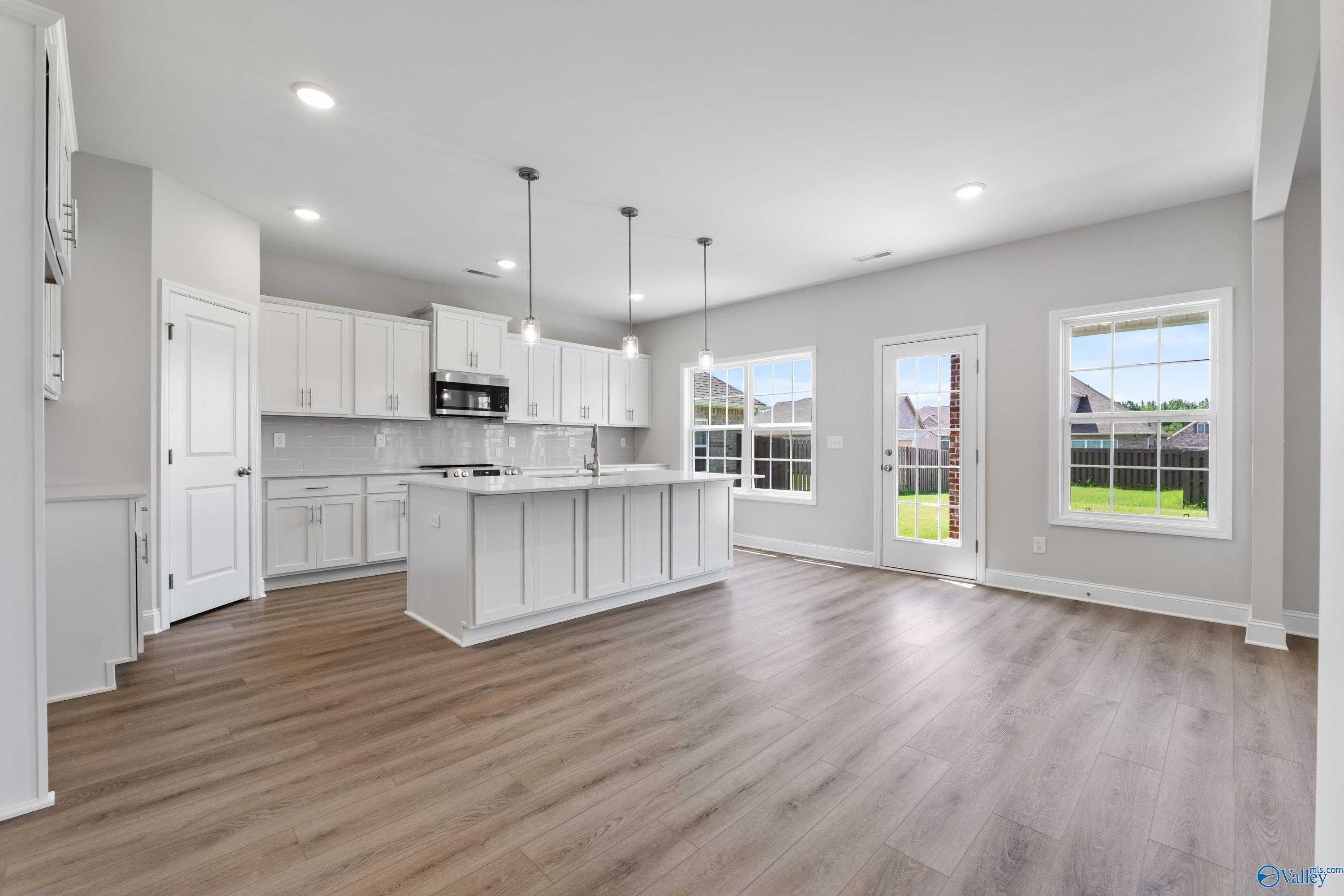 Modern white kitchen island with stainless appliances and sliding doors to backyard in Davidson Homes The Madison A, Toney, AL