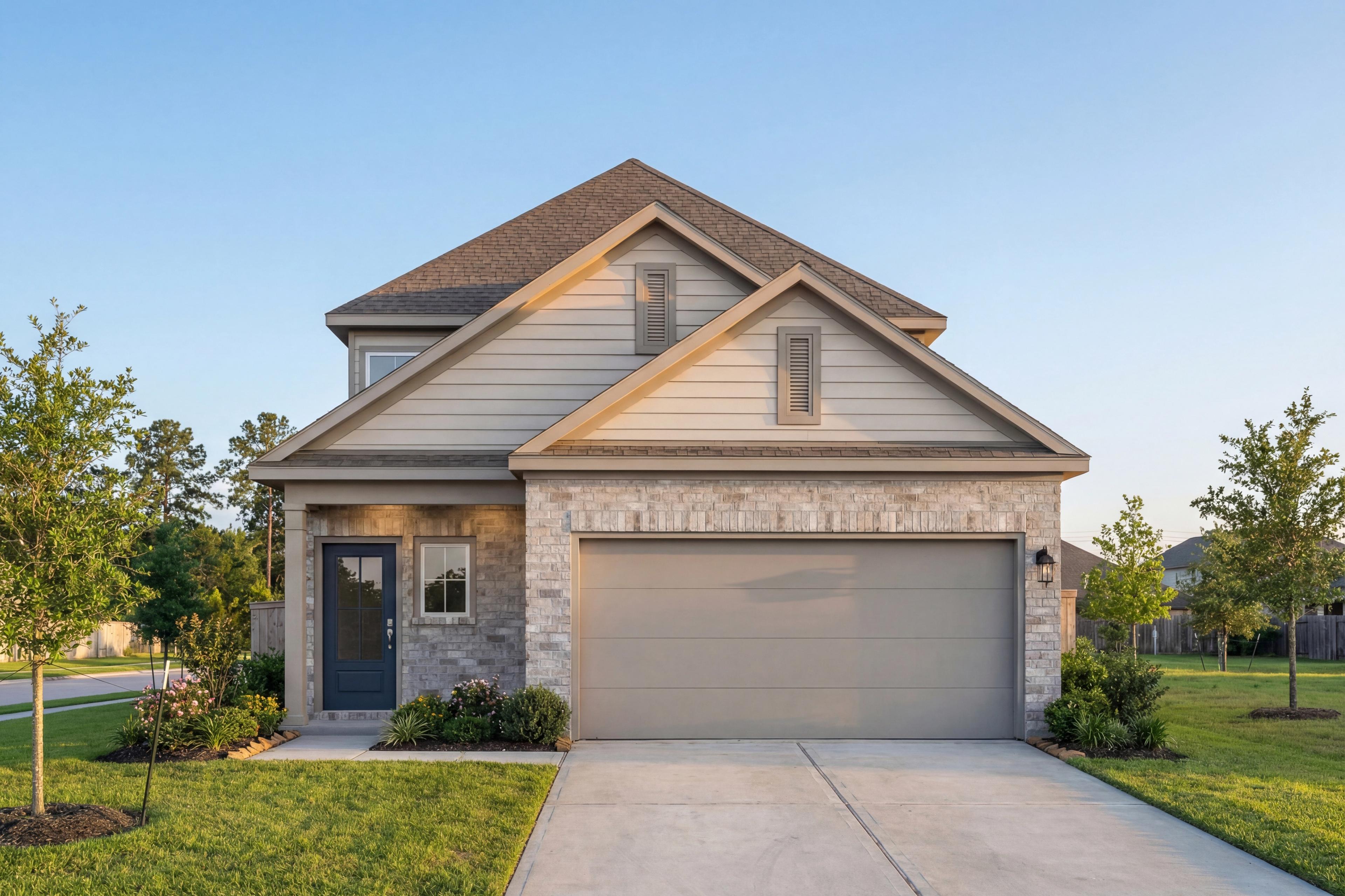 Modern 2-story Rio Grande home elevation by Davidson Homes with beige siding, brick accents, blue door, 3-car garage, and landscaped yard in Magnolia Texas