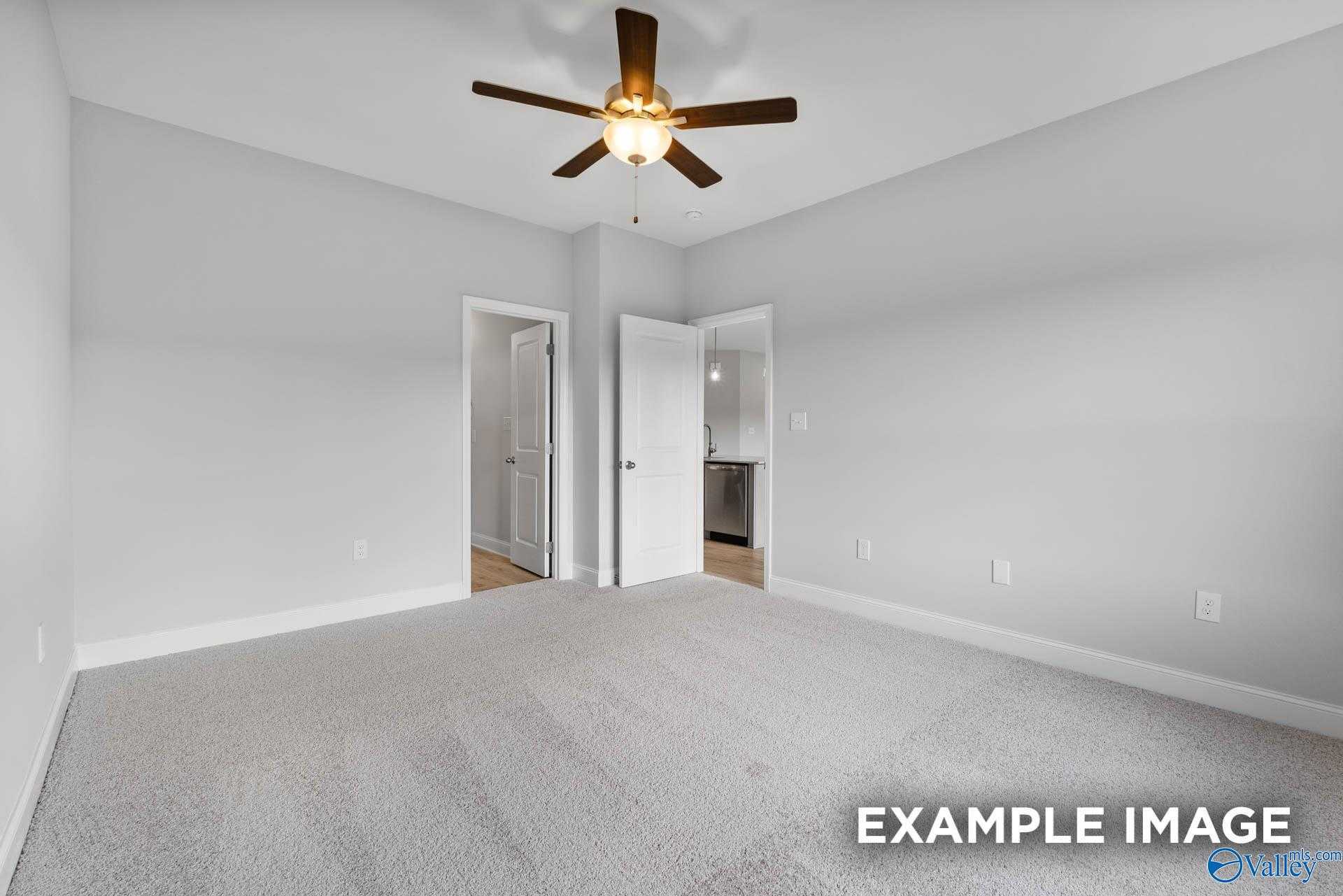Bright master bedroom with ceiling fan, walk-in closet, and en-suite bath in Davidson Homes The Franklin C, Athens, Alabama