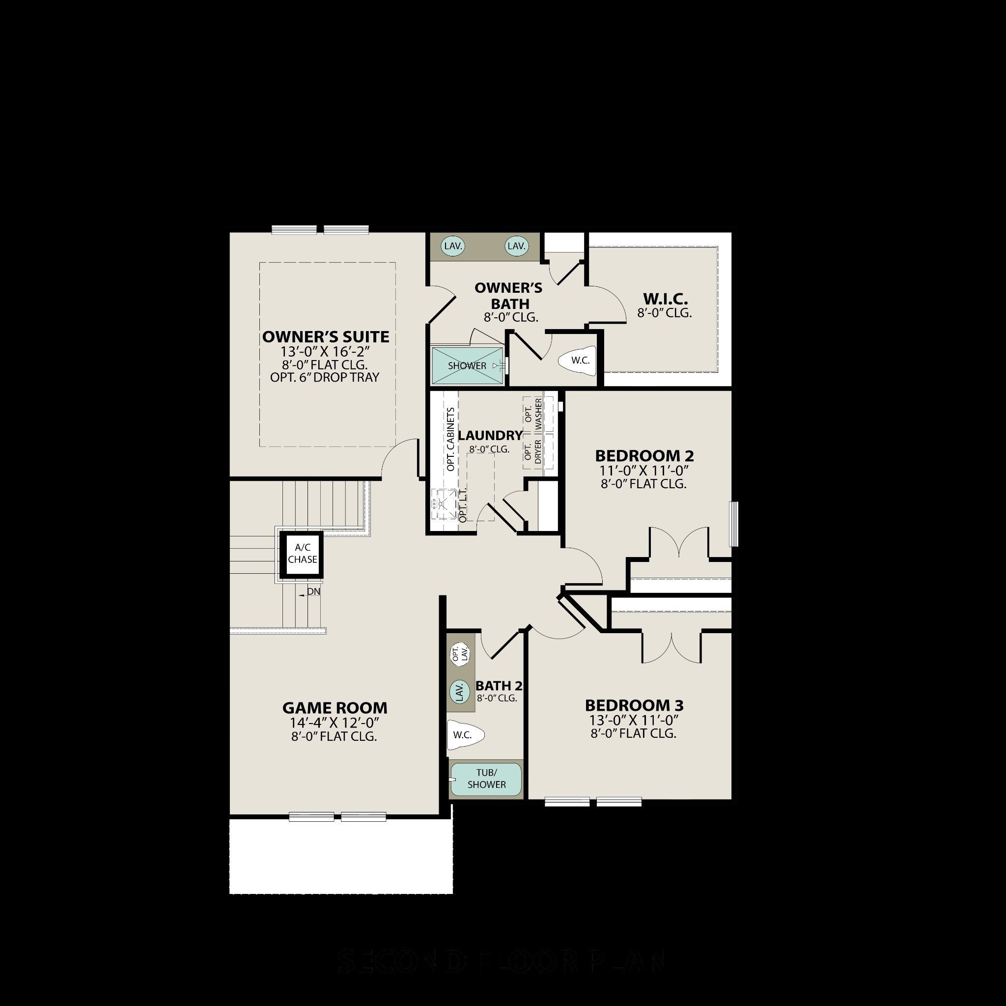 Two-story floor plan of The Logan C: owner's suite, game room, 3 bedrooms, 2.5 baths, 2-car garage in Gallatin, TN