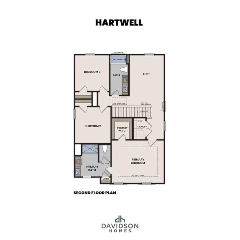 Second floor plan of Hartwell A craftsman home by Davidson Homes: primary suite, bedrooms 2-3, loft, baths in The Bluffs, Canton, GA