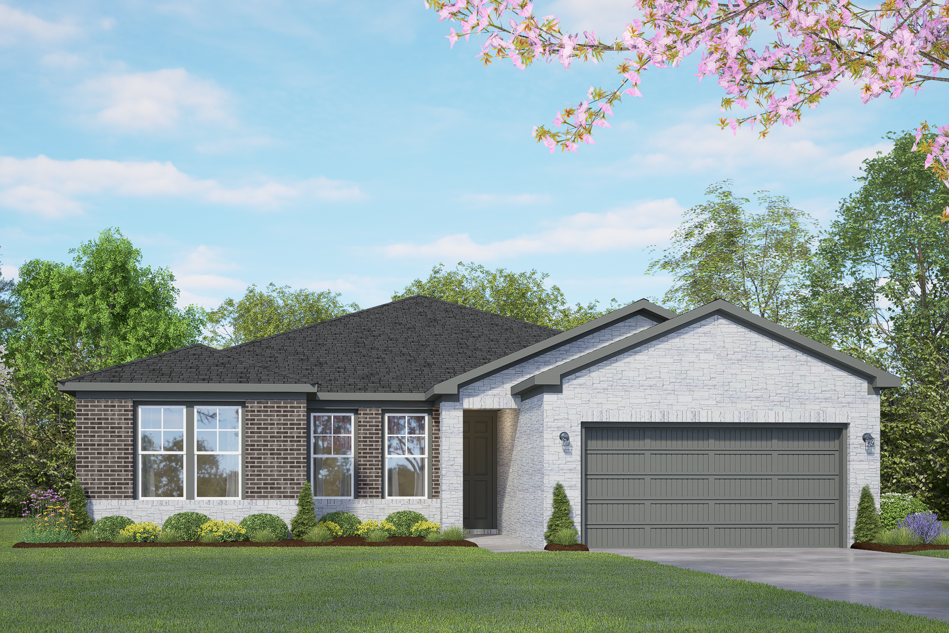 Modern Rockford single-story home exterior with brick facade, two-car garage, gabled roof, and landscaped yard featuring cherry blossoms