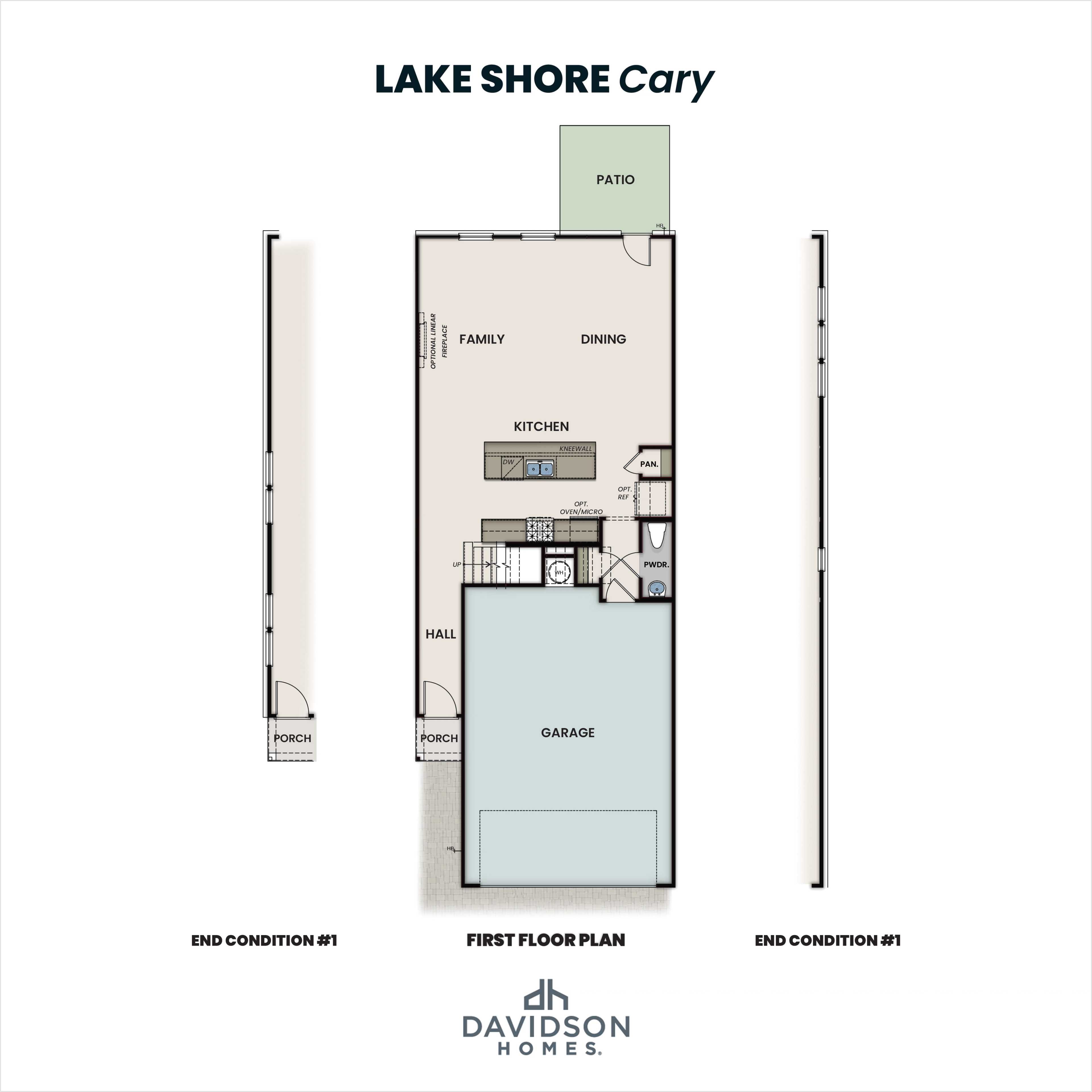 First floor plan of Lake Shore Cary by Davidson Homes featuring open kitchen, family room, dining area, 2-car garage, porches, and patio in Winder GA
