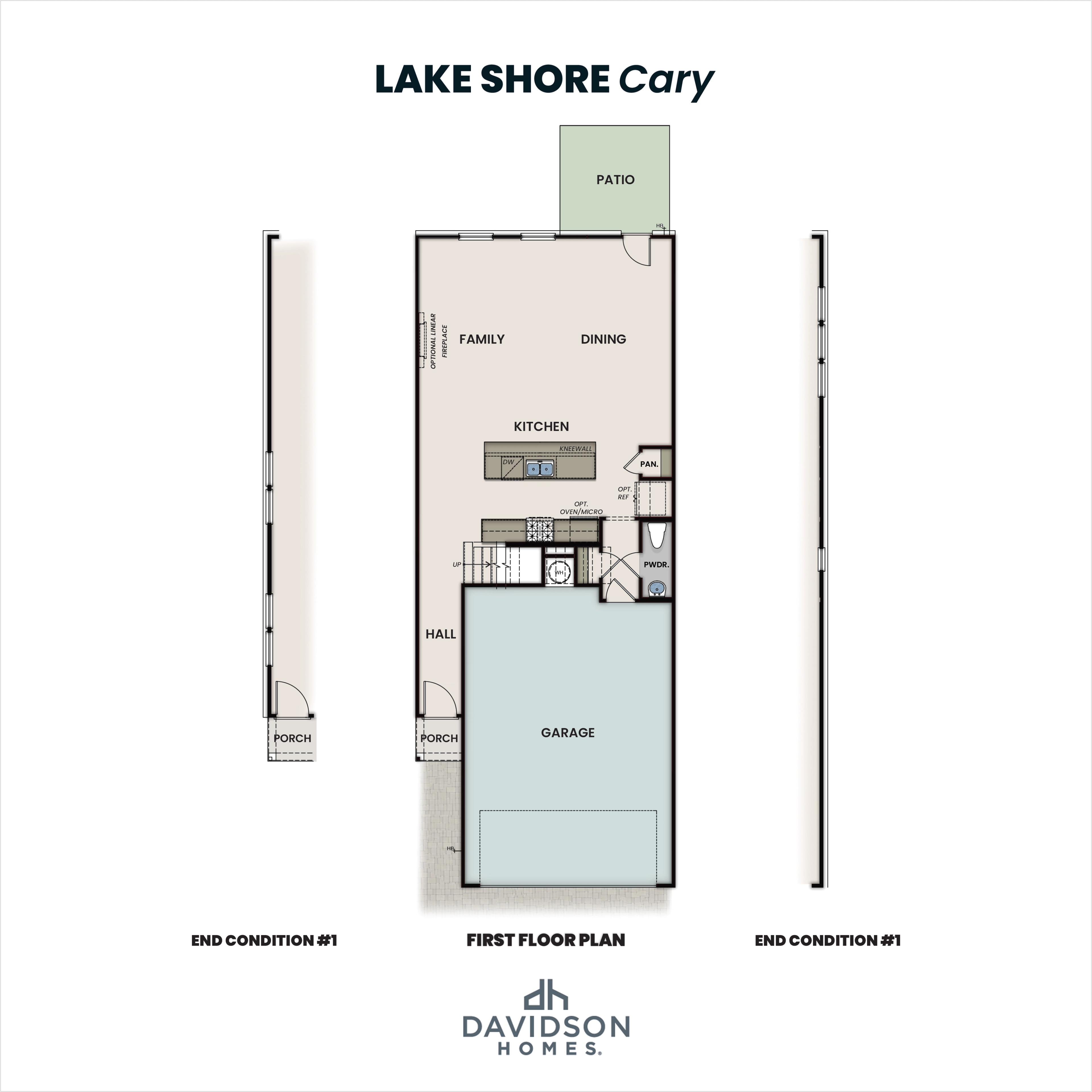 First floor plan of Lake Shore Cary by Davidson Homes featuring open kitchen, family room, dining area, 2-car garage, porches, and patio in Winder GA