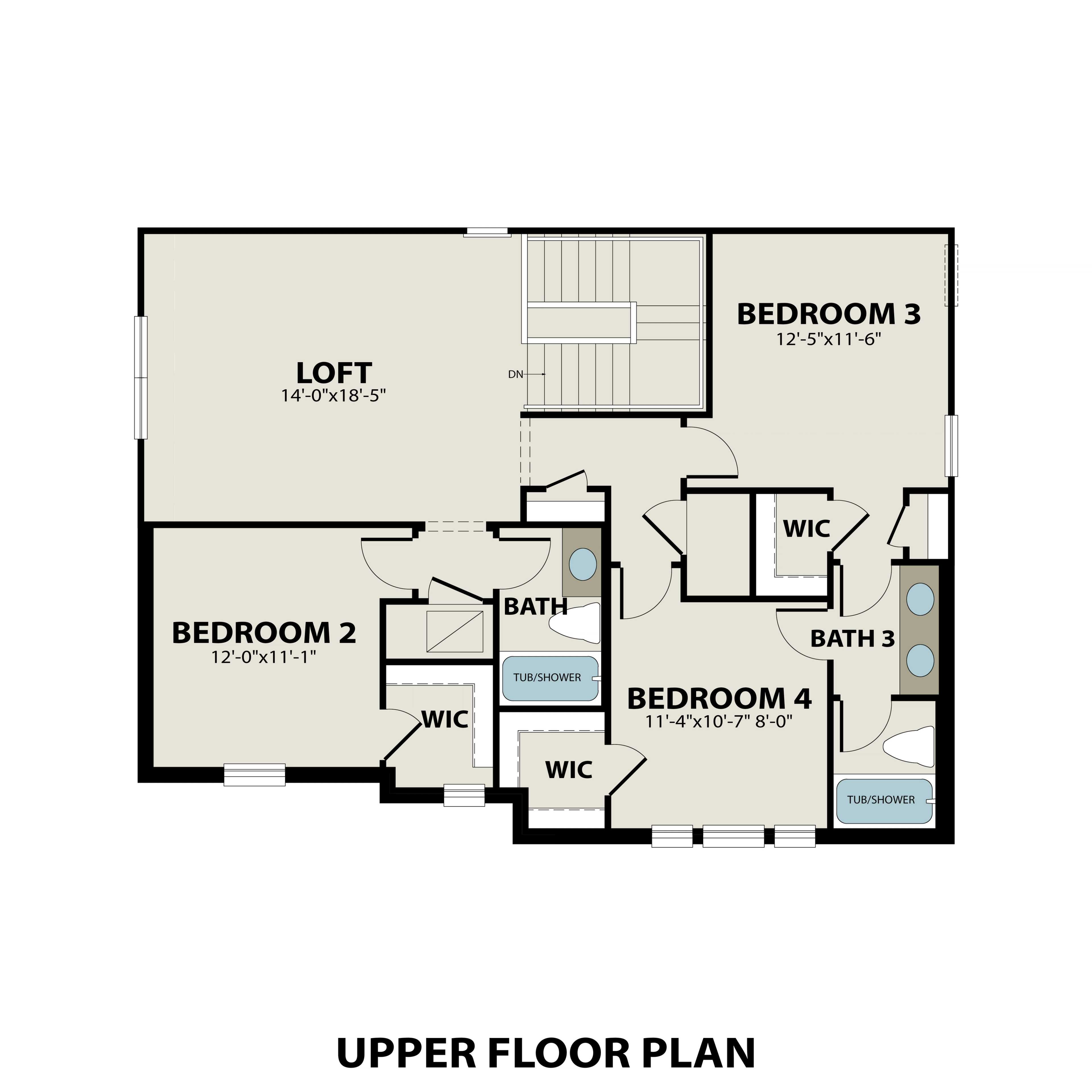 Second floor plan of The Sequoia showcasing loft, bedrooms 2-4, shared baths, and walk-in closets