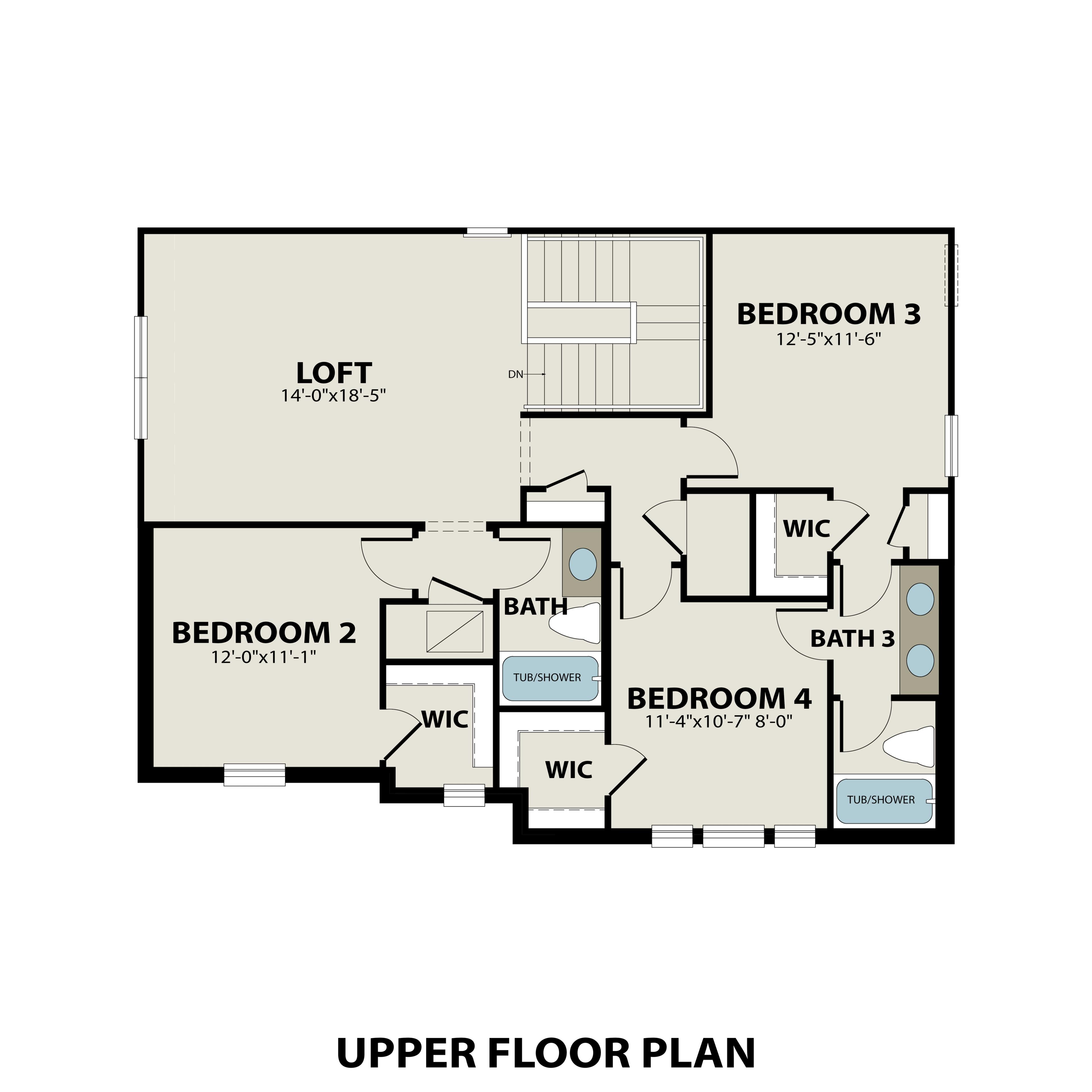 Second floor plan of The Sequoia showcasing loft, bedrooms 2-4, shared baths, and walk-in closets