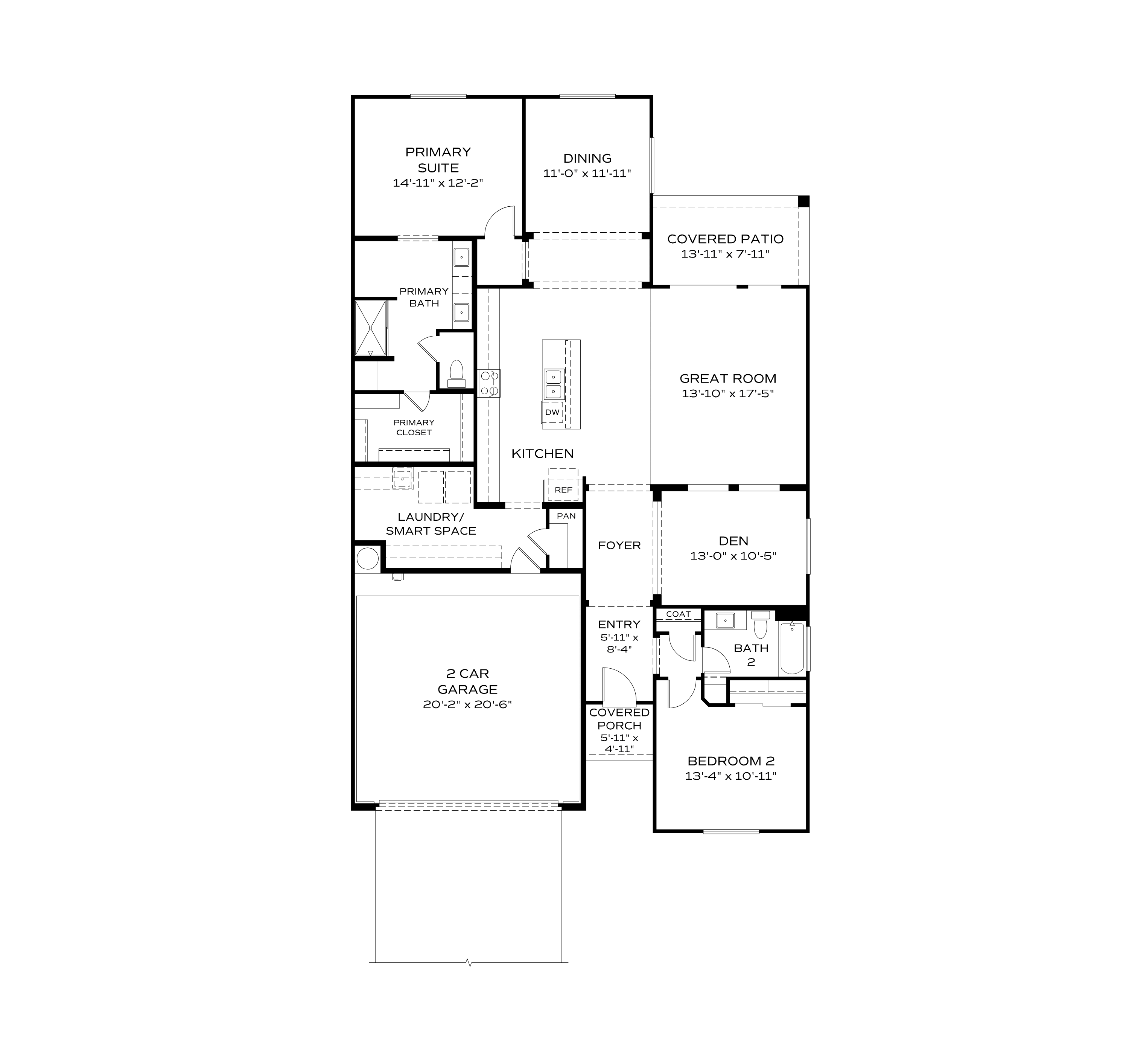 Floor plan of The Inspiration C 2-3 bedroom home showcasing primary suite, open kitchen, great room, den, and 2-car garage