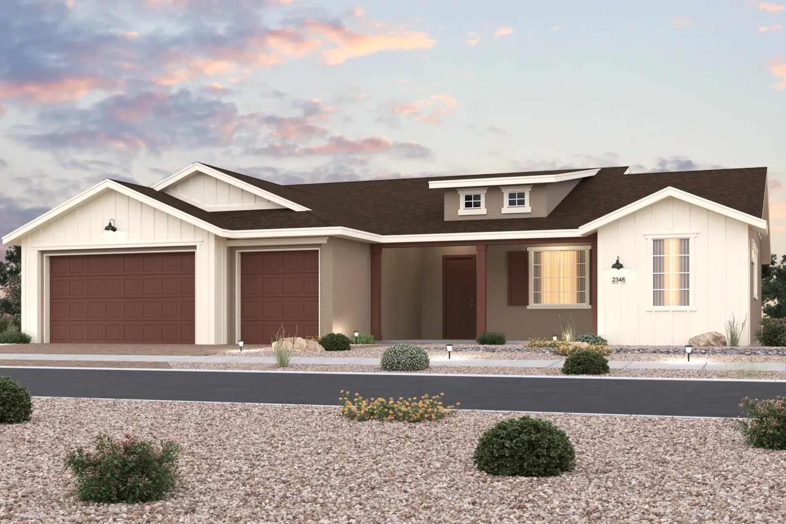 Modern ranch-style home exterior in Westwood Prescott AZ with white siding, brown roof, double garage, and desert shrubs