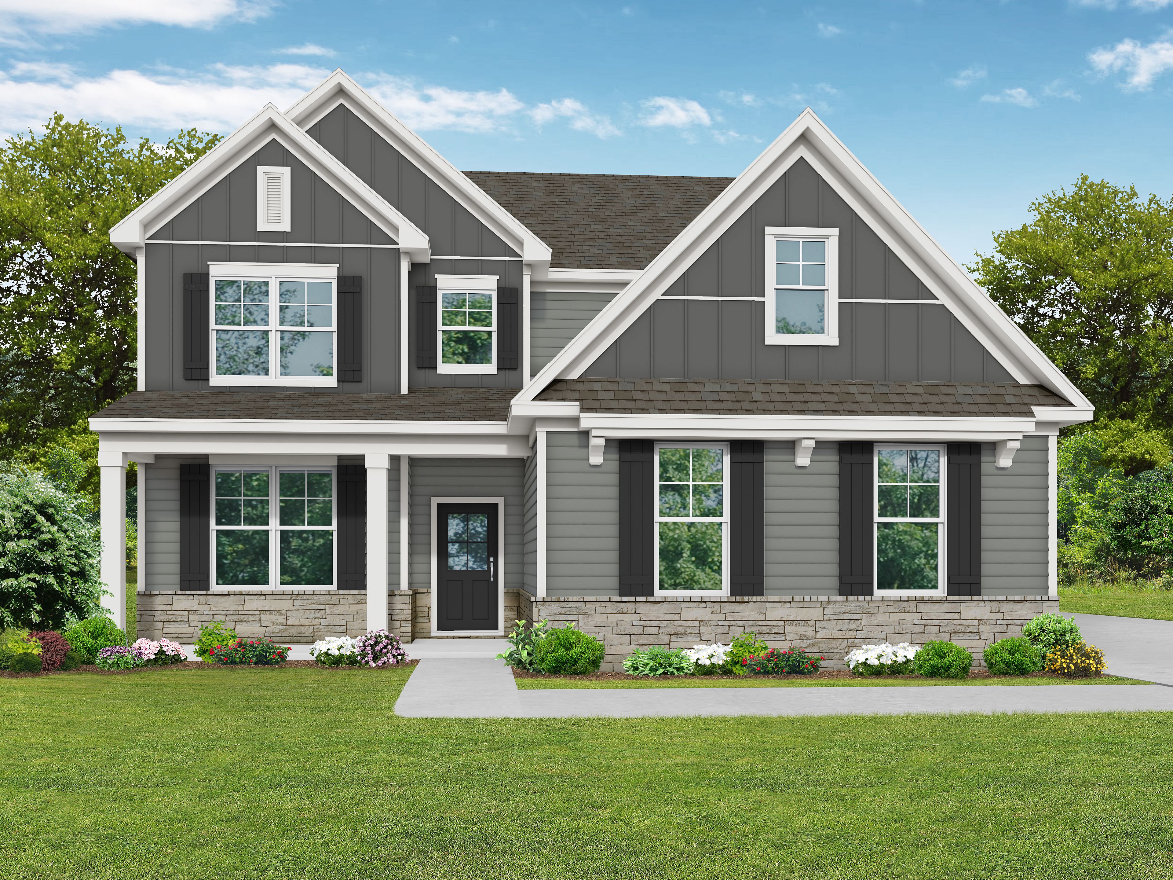 Exterior elevation of The Ash B Side-Entry home featuring gray siding, stone accents, and 2-story architectural design.