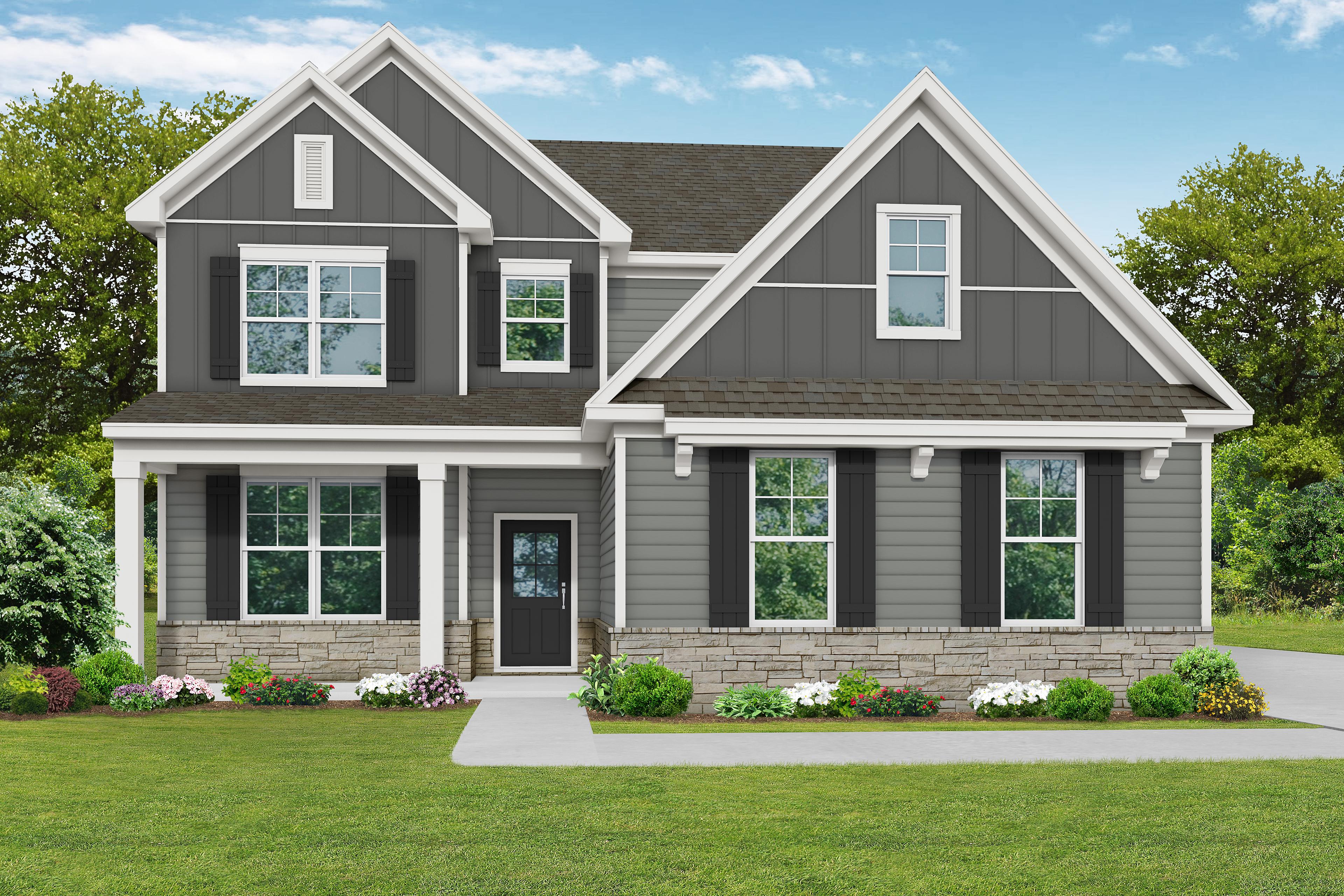 Exterior elevation of The Ash B Side-Entry home featuring gray siding, stone accents, and 2-story architectural design.