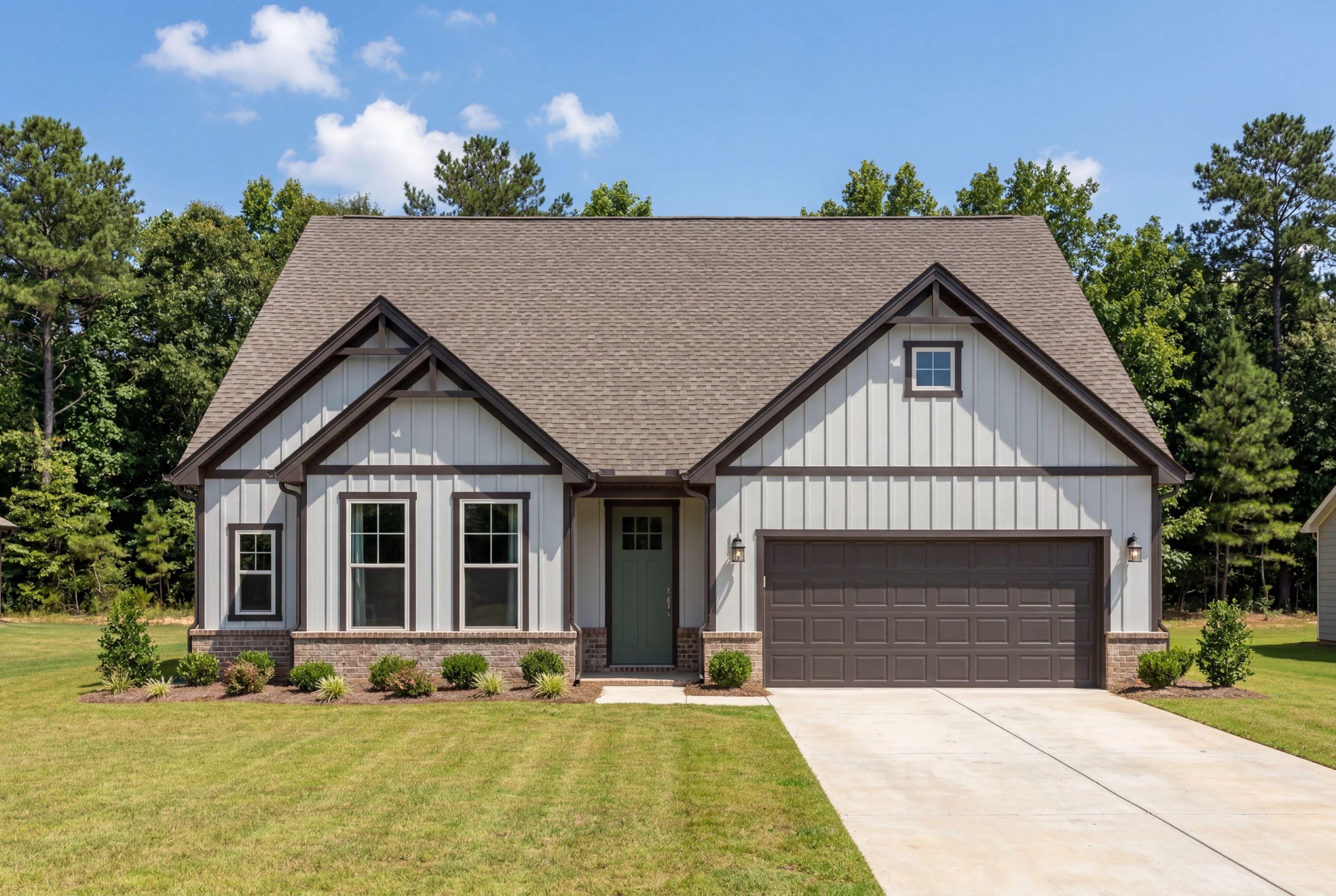 Front elevation of The Montgomery by Davidson Homes featuring board and batten siding, brick accents, and 2-car garage.