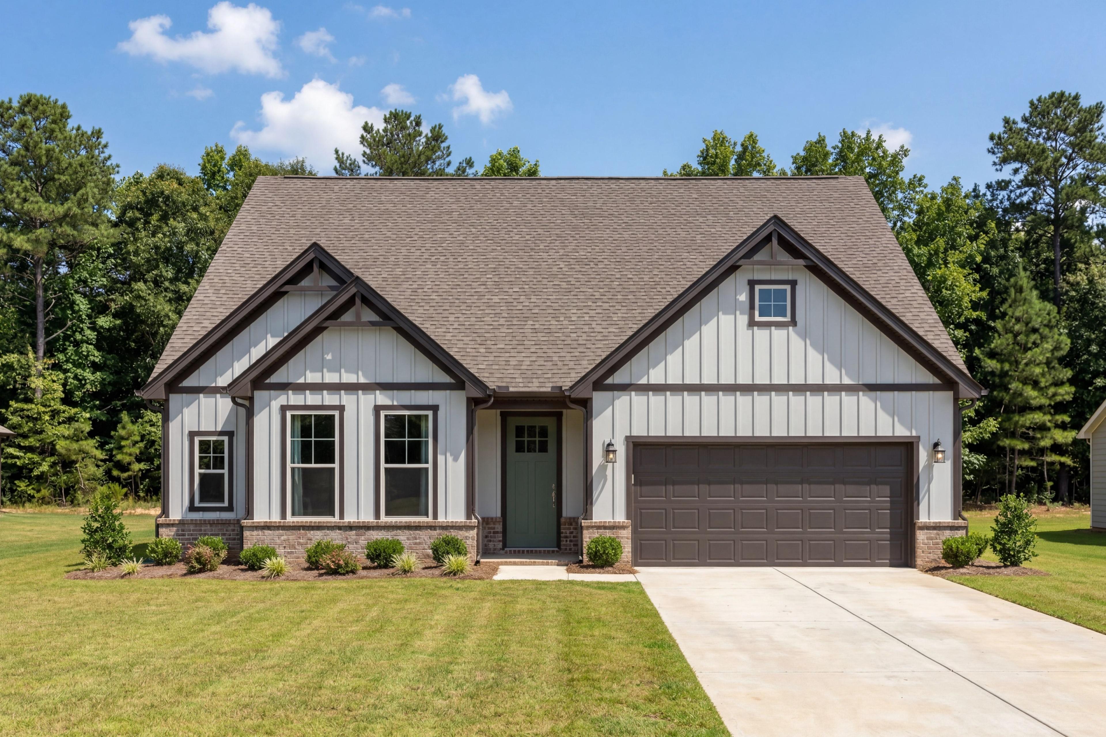 Front elevation of The Montgomery by Davidson Homes featuring board and batten siding, brick accents, and 2-car garage.