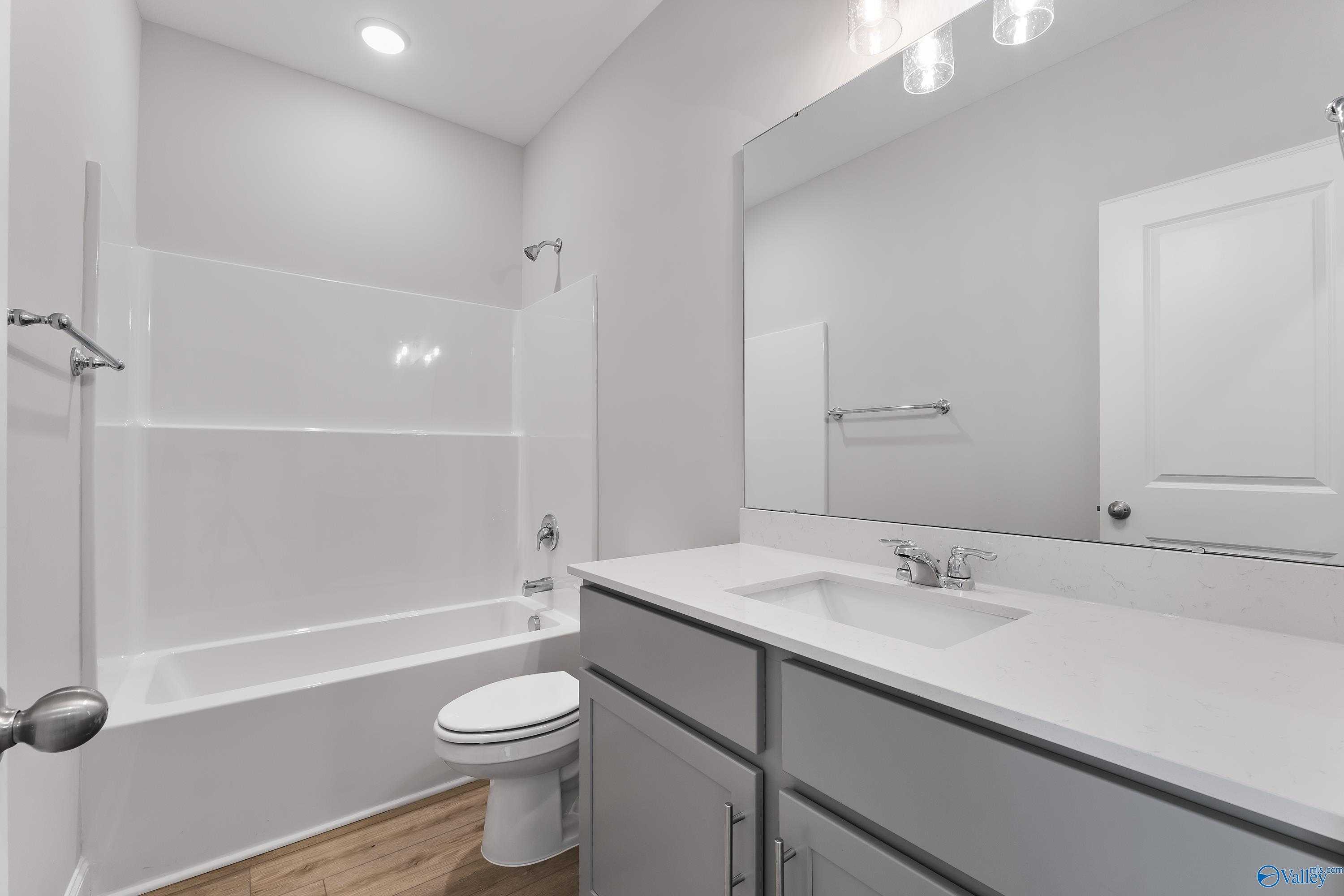 Bright bathroom with white tub-shower combo, toilet, and gray vanity mirror in Davidson Homes The Daphne C, Huntsville, Alabama