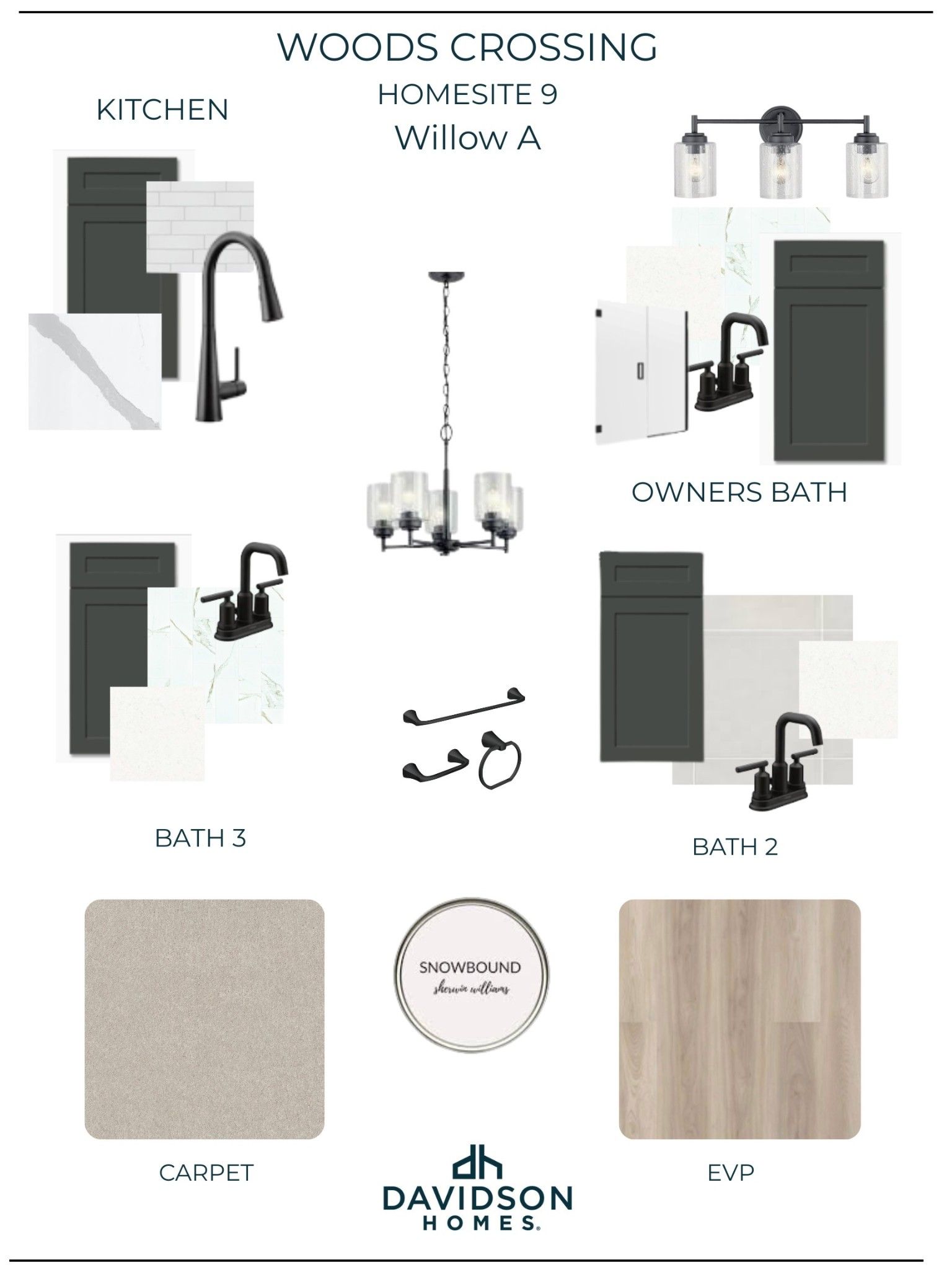 Design board for Davidson Homes Willow A in Woods Crossing, Gallatin: kitchen faucet, pendant lights, owner's bath fixtures, carpet, Snowbound