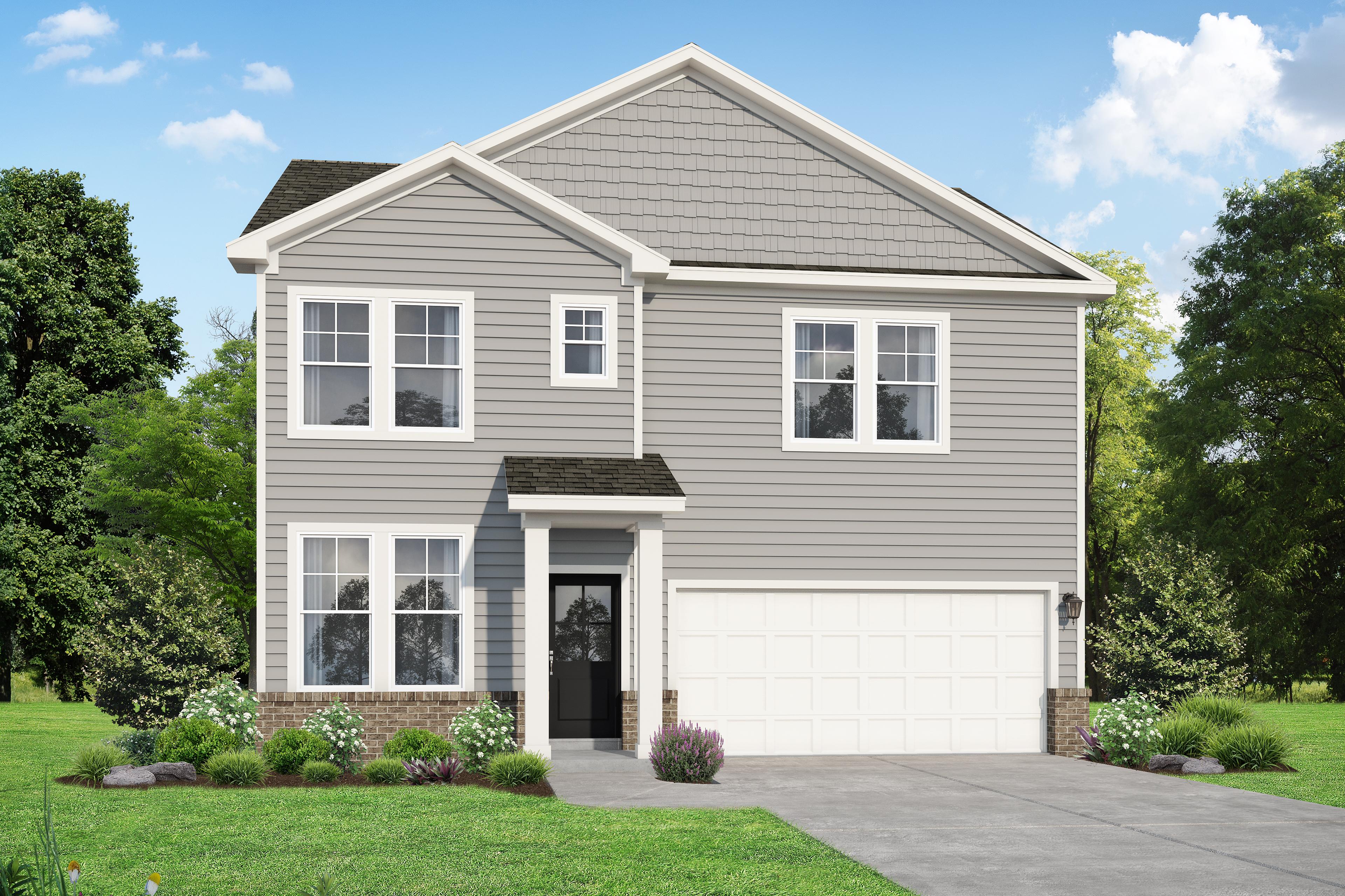Two-story Logan B home elevation with gray siding, two-car garage, and lush landscaping by Davidson Homes in White House, TN