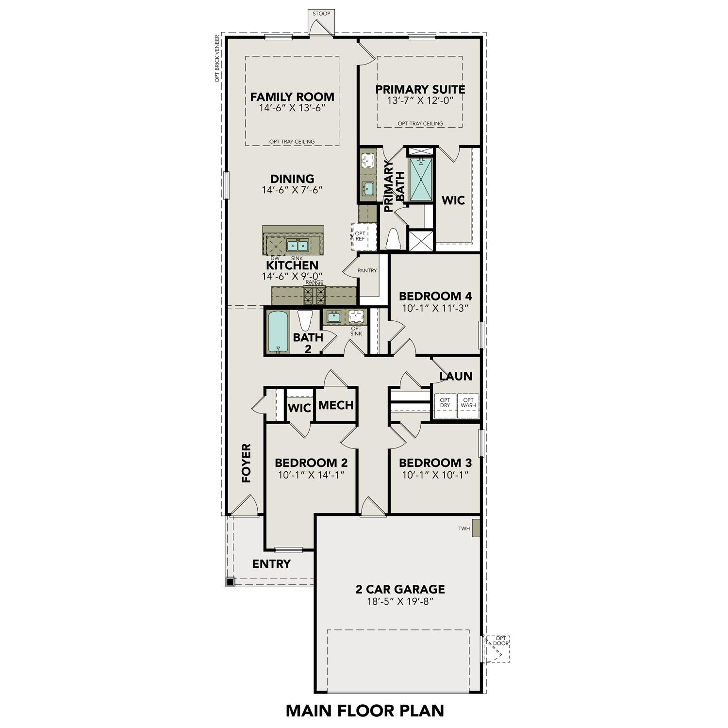 Floor plan of The Colorado G 4-bedroom home featuring open kitchen, primary suite, dining area, and 2-car garage