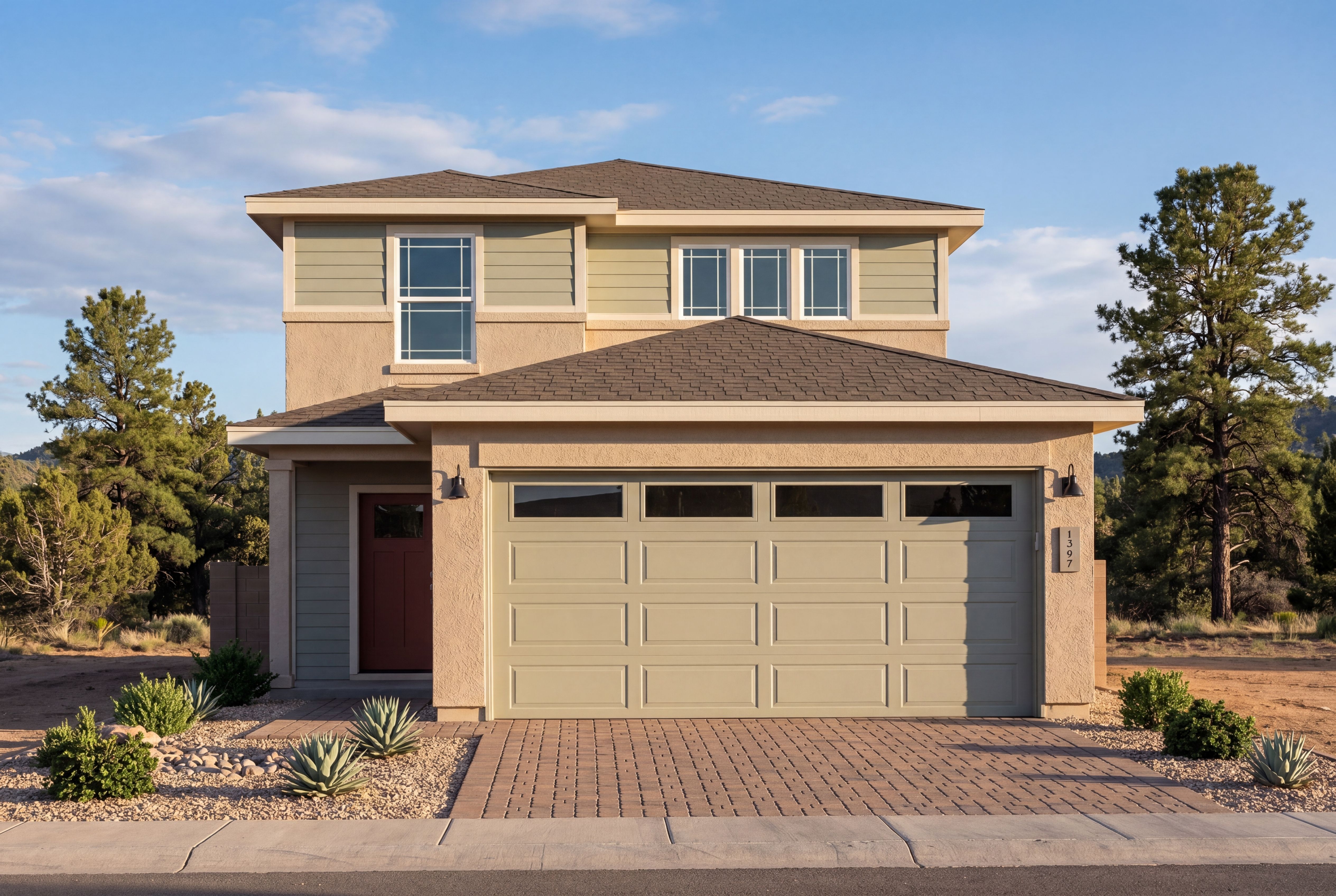 Two-story exterior elevation of The Wilmington by Davidson Homes in Prescott, AZ featuring a stucco finish and garage.