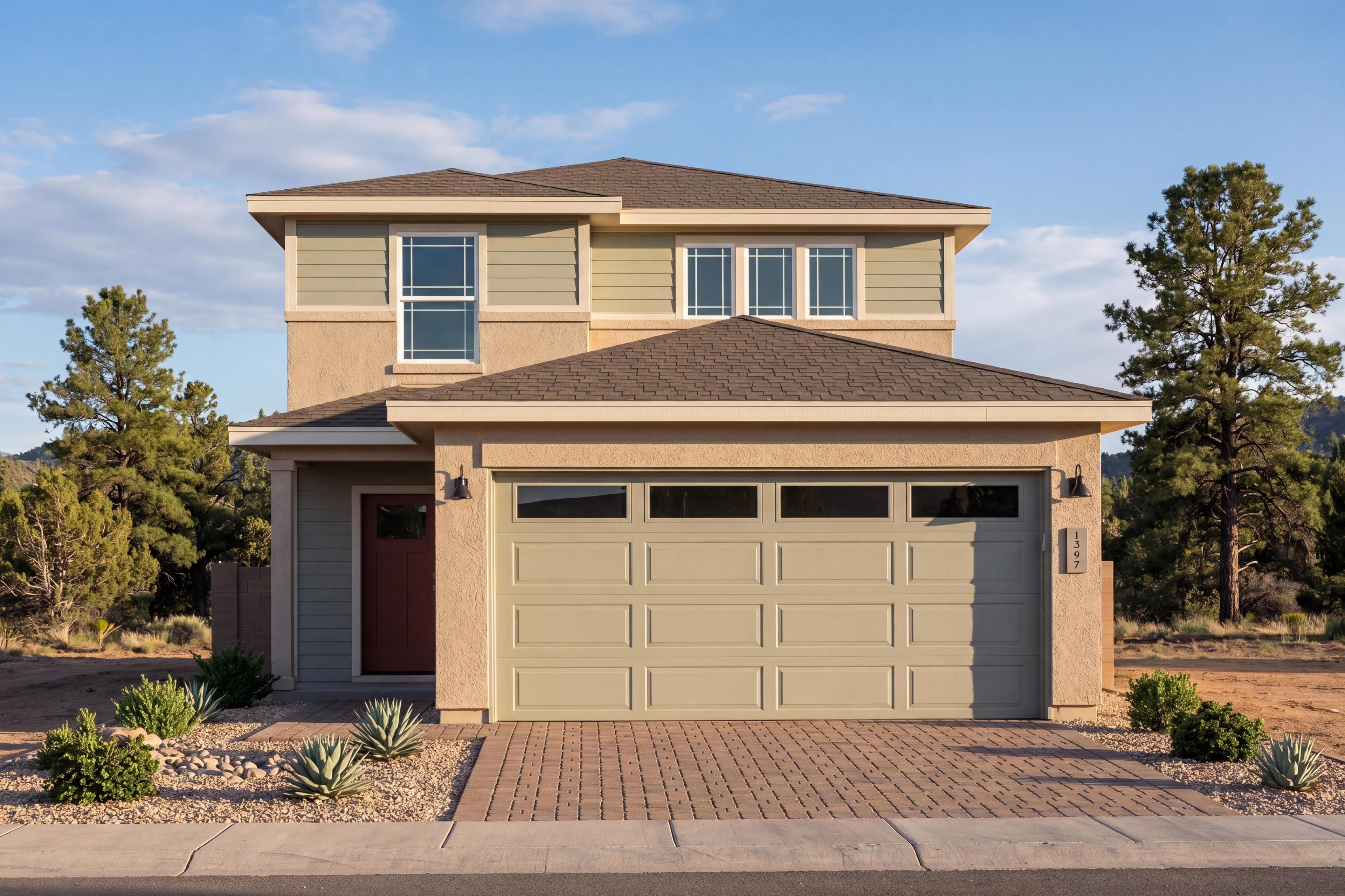Two-story exterior elevation of The Wilmington by Davidson Homes in Prescott, AZ featuring a stucco finish and garage.