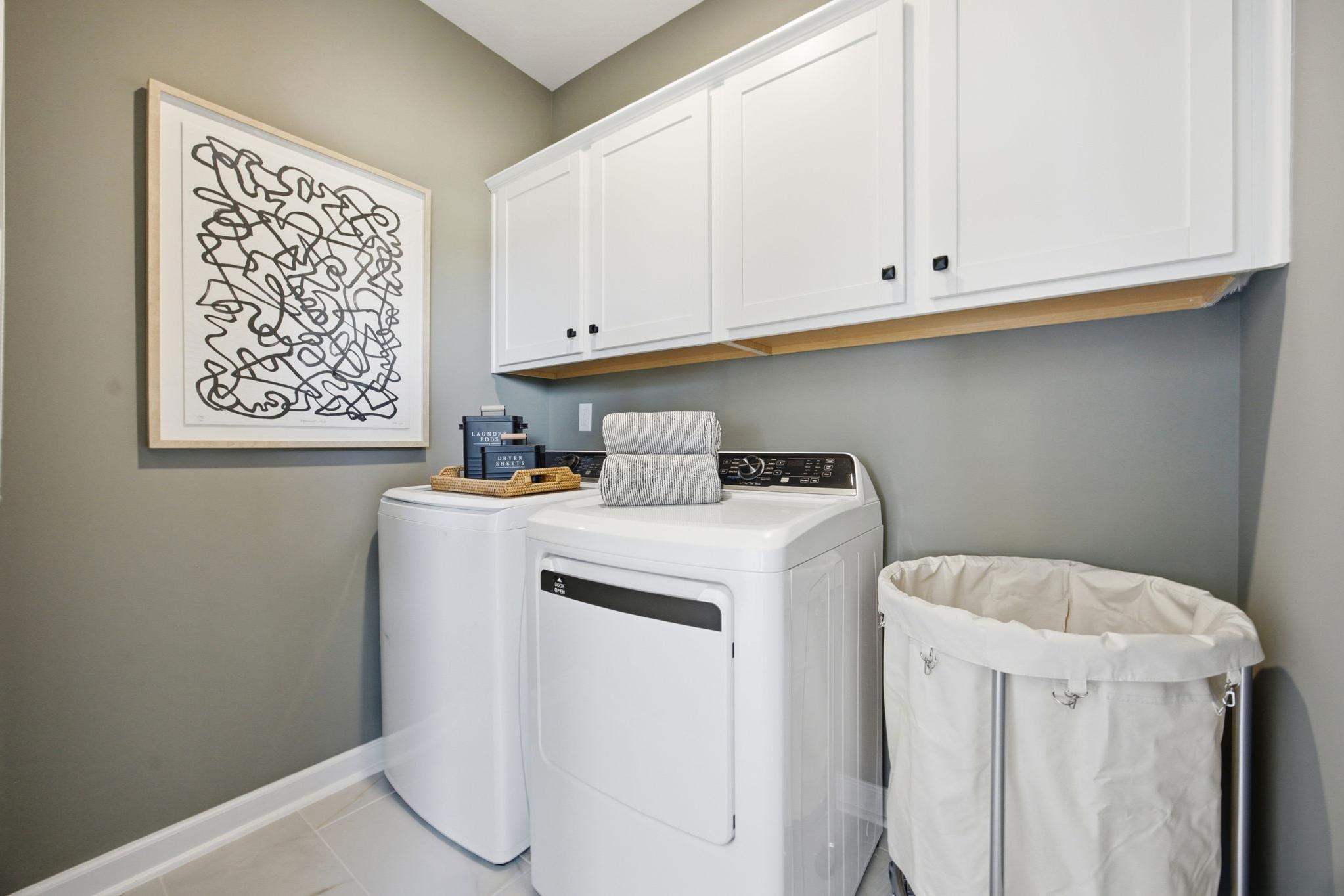 Contemporary laundry room at Forestville Yard in Knightdale NC with white washer dryer, cabinets, gray walls, abstract art