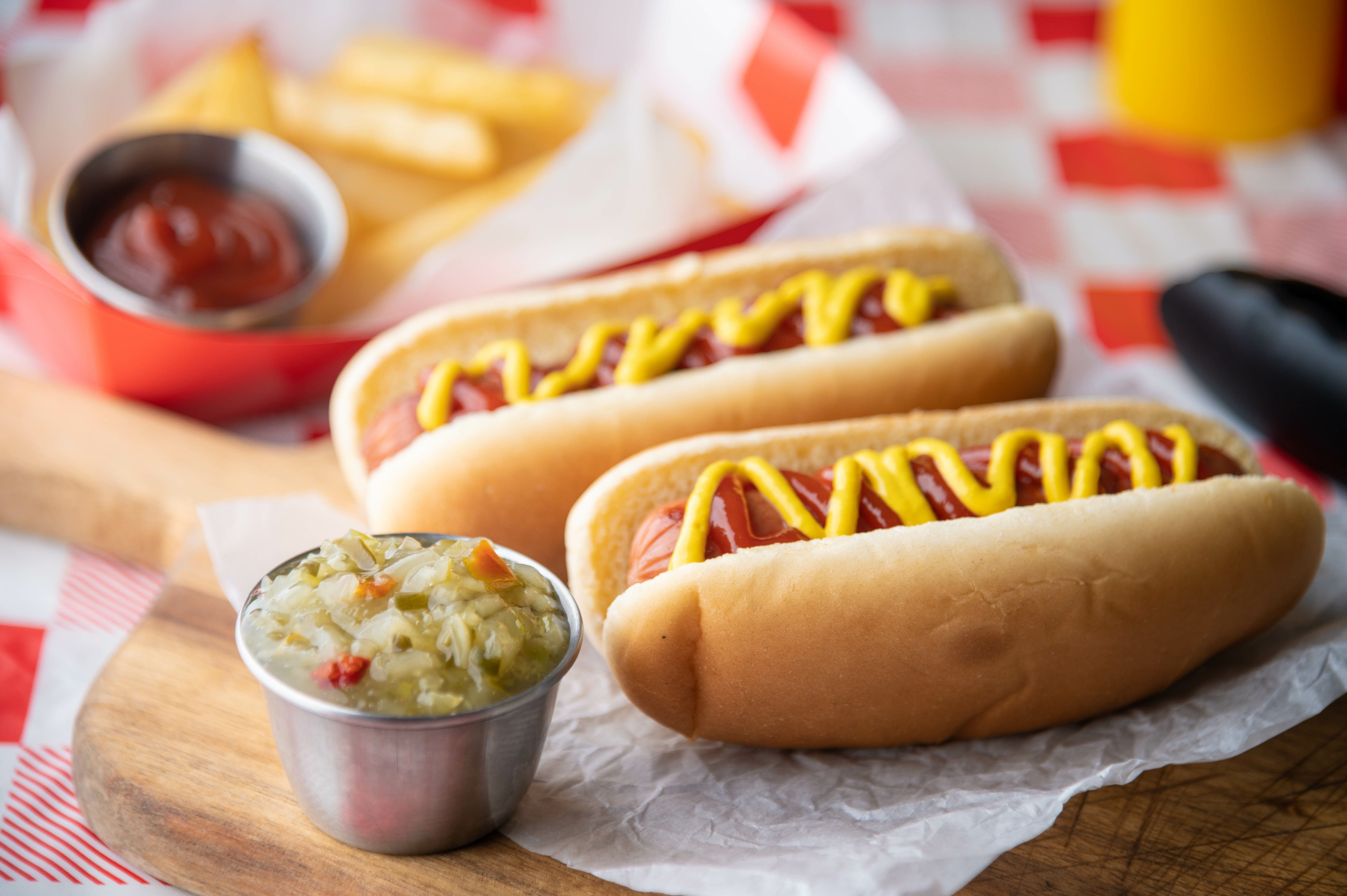 Classic hot dogs with mustard and relish served at the Davidson Homes Lynn Meadows Summer Bash in Huntsville.