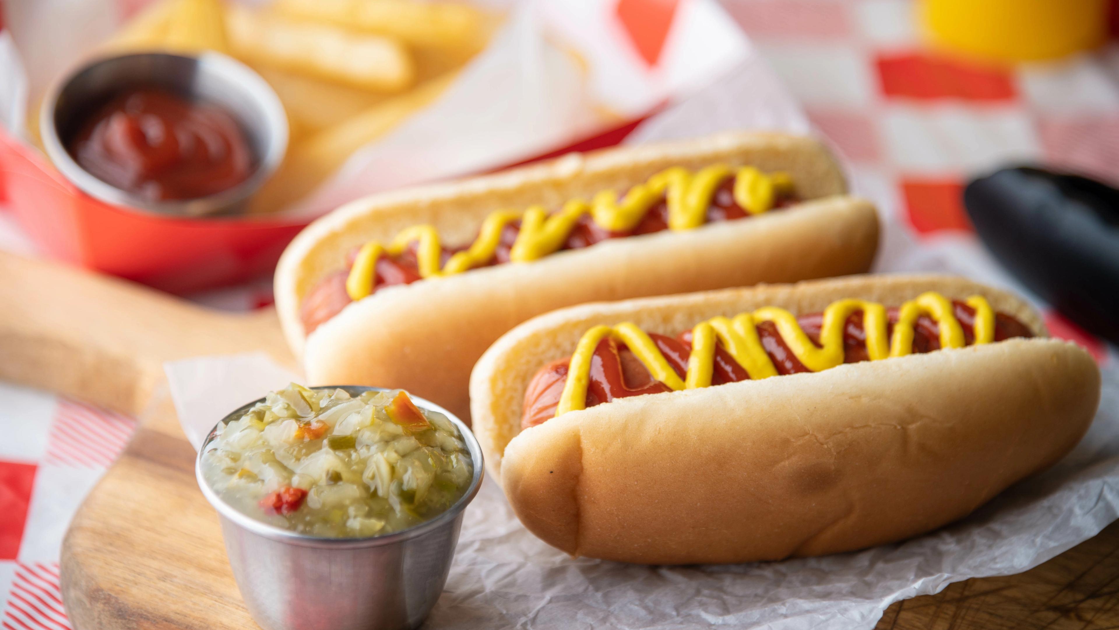 Classic hot dogs with mustard and relish served at the Davidson Homes Lynn Meadows Summer Bash in Huntsville.