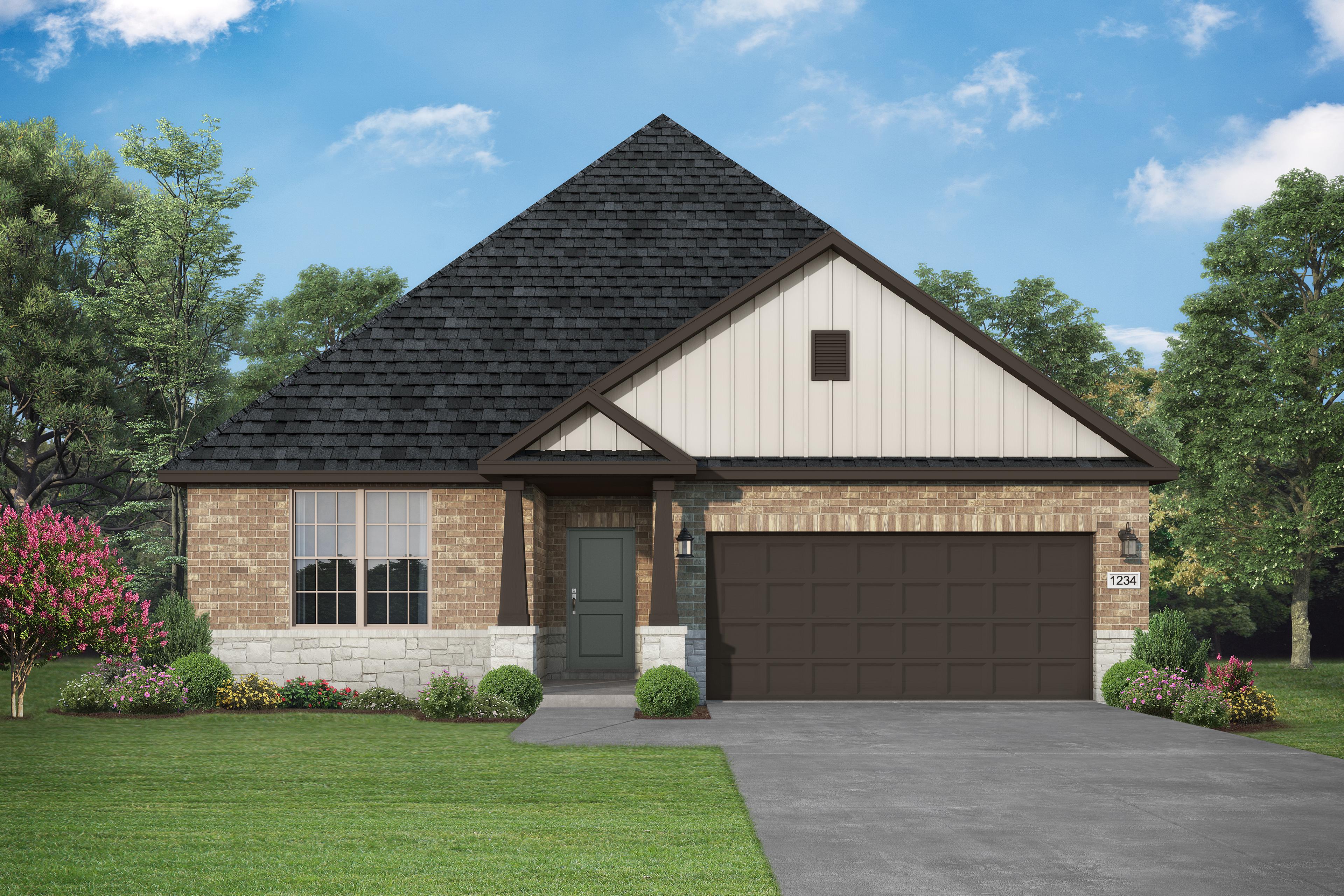 Front elevation of The Daphne G single-story home featuring dark gabled roof, brick and siding exterior, 2-car garage, and landscaped yard