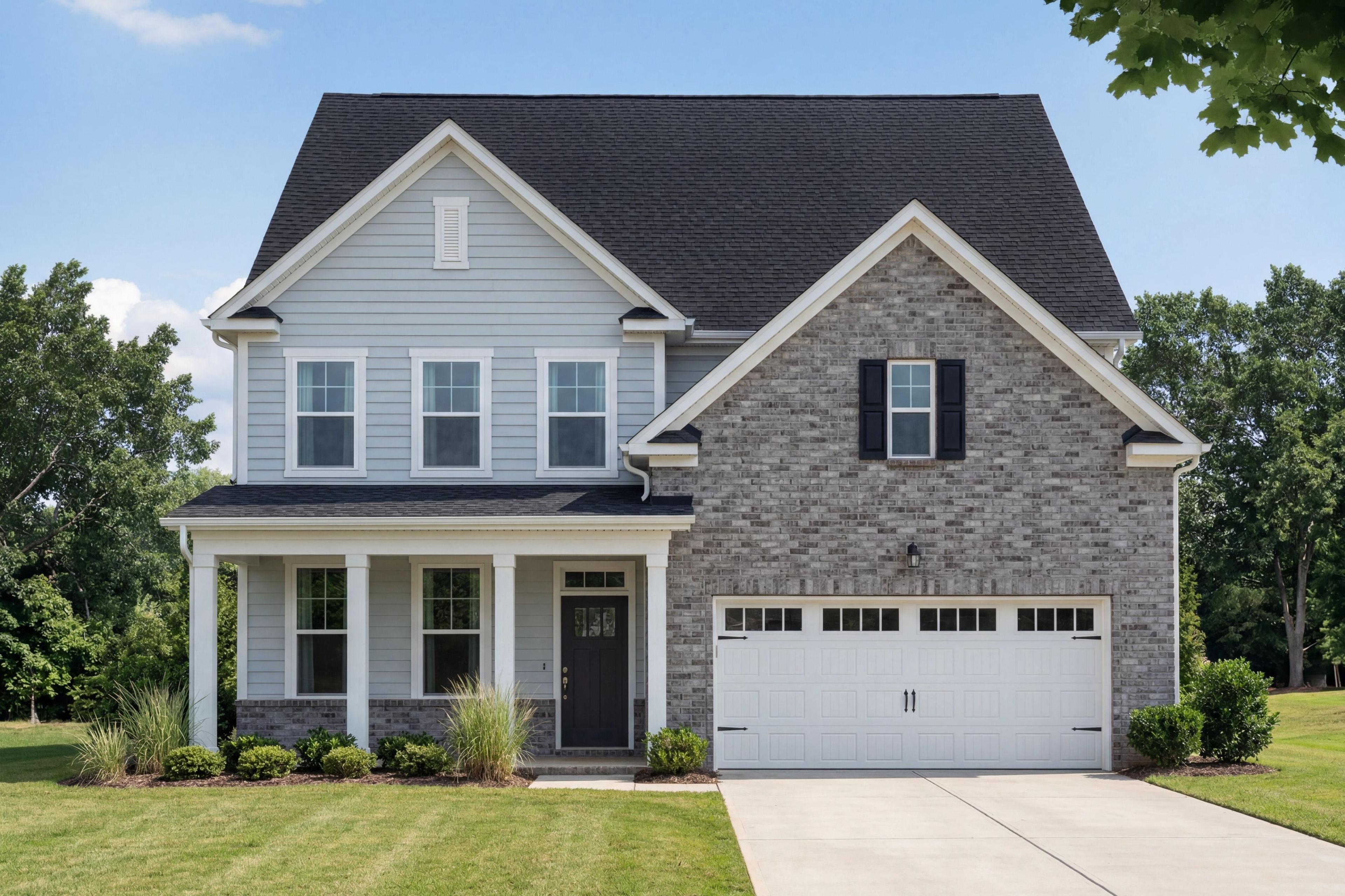 Two-story Hickory C II elevation by Davidson Homes: light blue siding, brick accents, covered porch, two-car garage in Belmont NC
