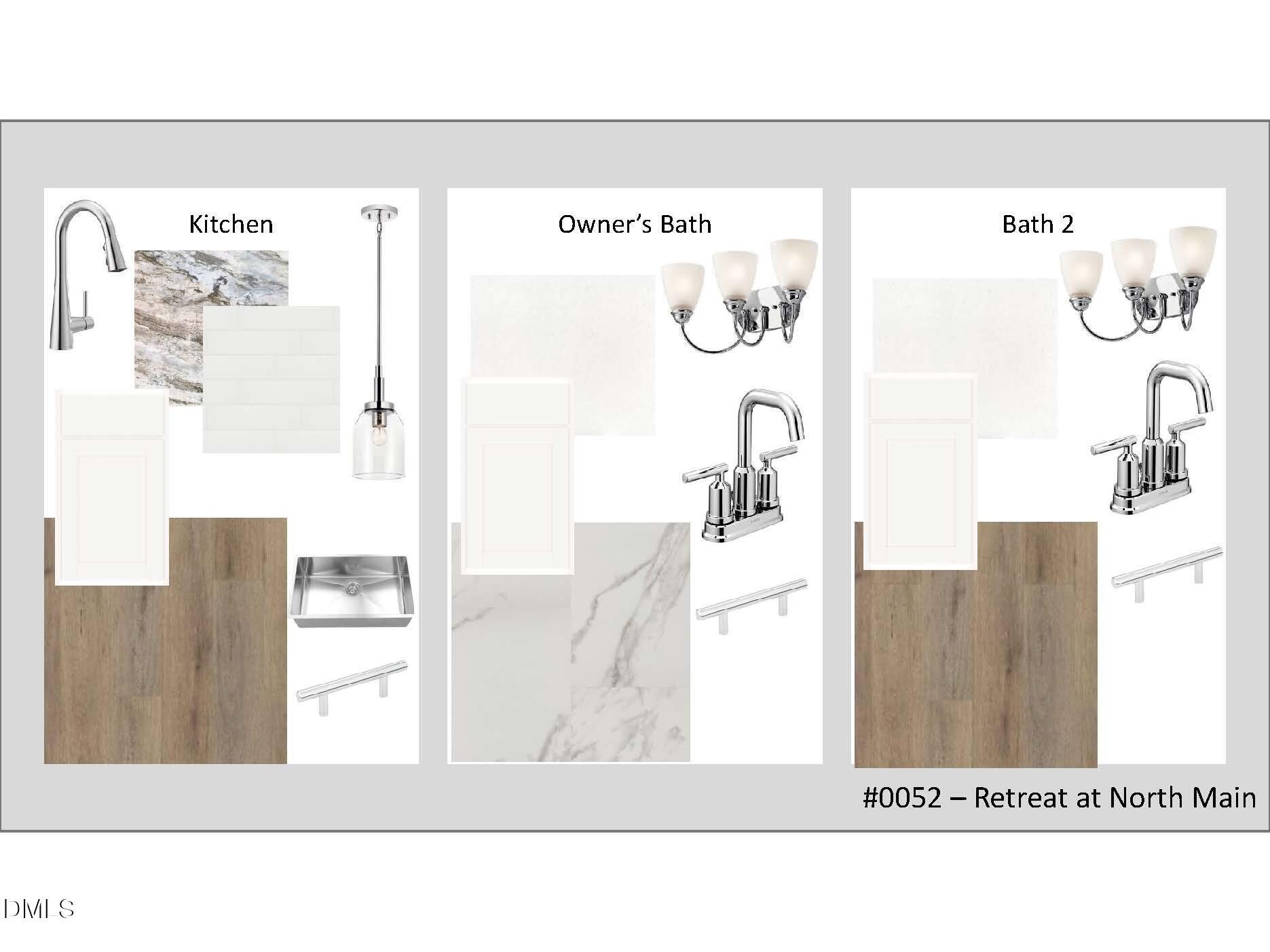 Modern kitchen and bath design board featuring faucets, marble tiles, pendant lights for Davidson Homes The Ash B in Retreat at North Main, Lillington