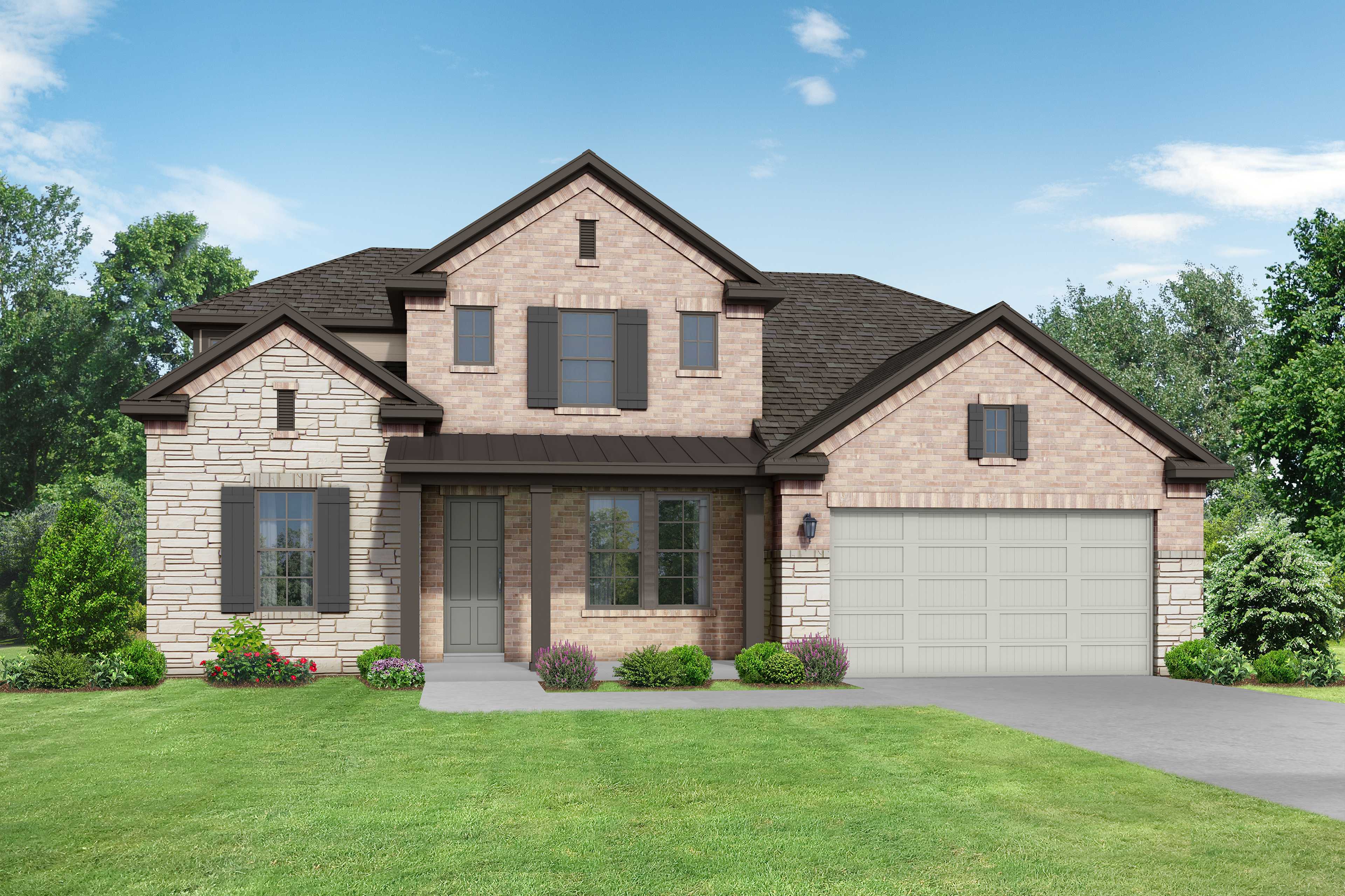 Two-story brick and stone exterior of The Victoria B showcasing 3-car garage, covered porch, and lush landscaping
